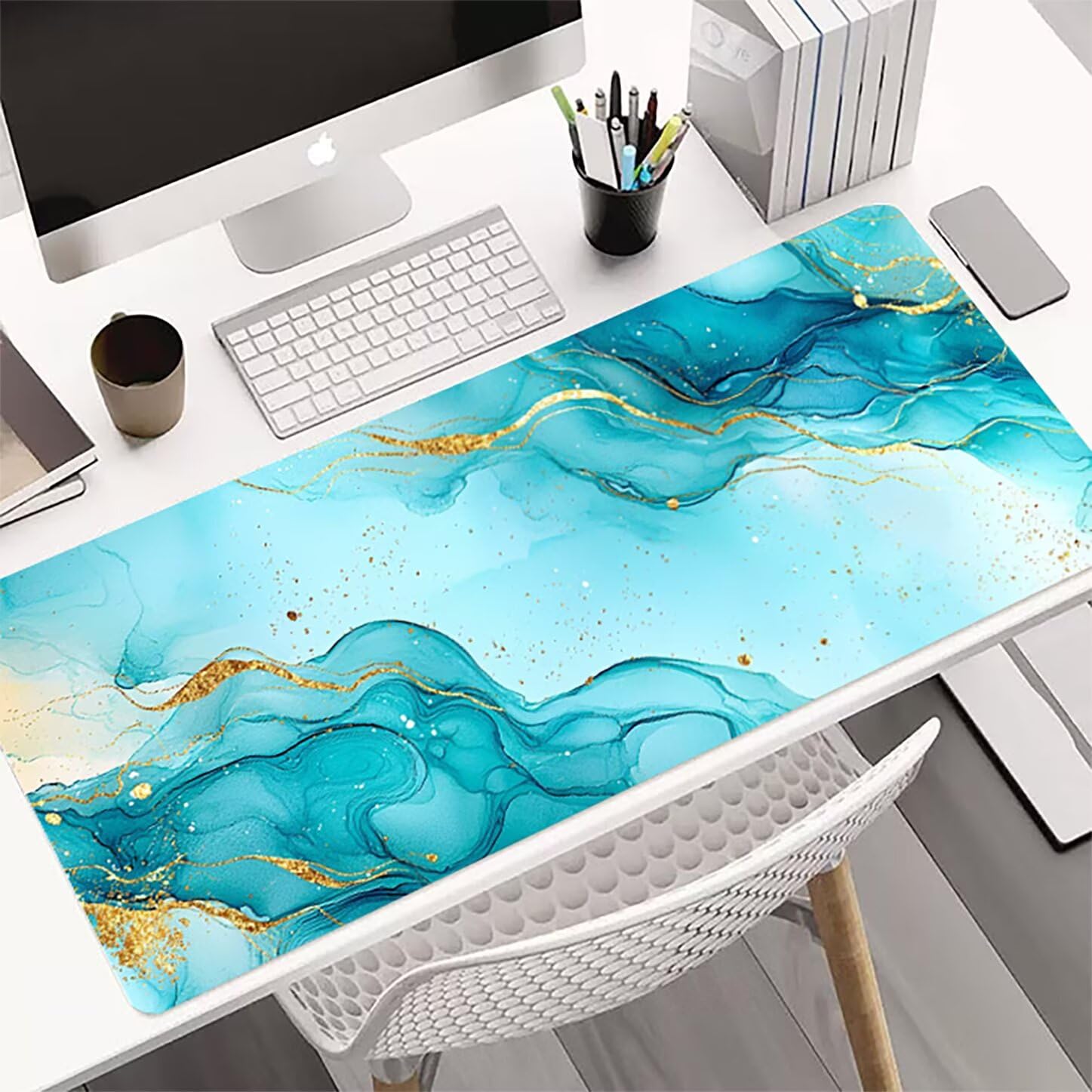 Lpfieonn Marmormuster Großes Schreibtischunterlage, XXL Schreibtischunterlagen, Blau XXL Wasserdicht Gaming Mousepad mit Vernähter Rand und Rutschfeste Gummibasis, für Hause/Büro 120x60cm PF-2341