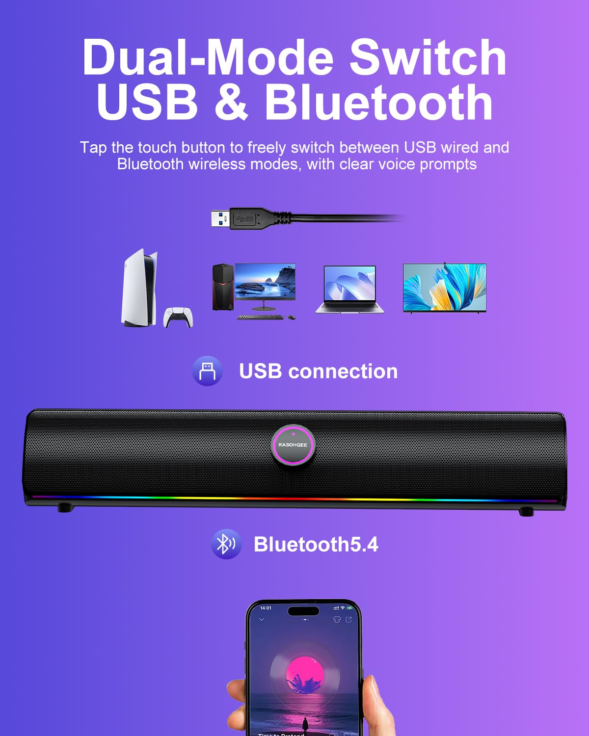 Haut-parleurs pour ordinateur de bureau, barre de son d'ordinateur, amplification des basses, haut-parleurs stéréo HiFi Bluetooth avec boutons tactiles pour ordinateurs portables, téléphone