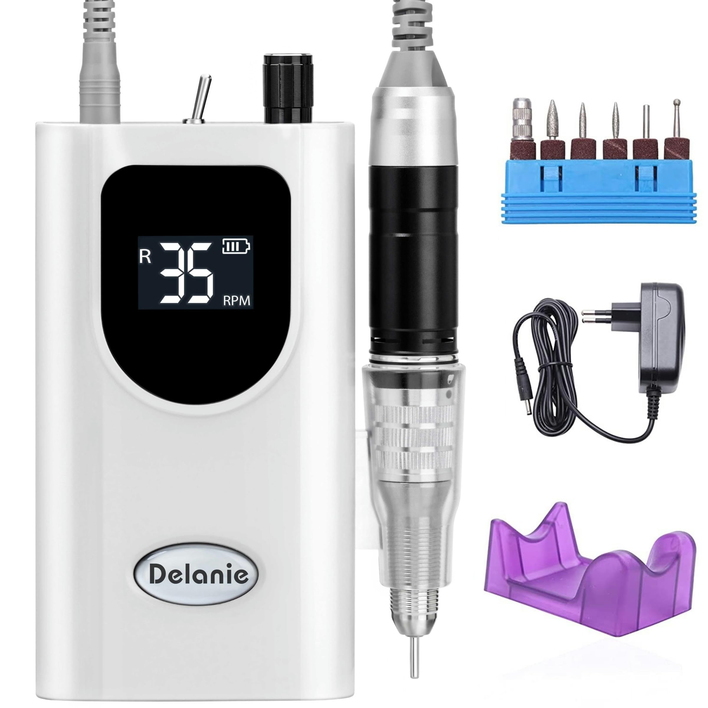 Delanie Torno para Uñas Profesional 35000rpm Portátil Inalambrico Recargable Acrílico o de Gel para Manicura y Pedicura con 6 brocas y Pantalla LCD para Salón de Belleza y Casa