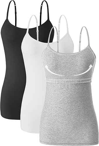 Orrpally Women Cotton Camisole Shelf Bra Cami Tank Tops Adjustable Spaghetti Strap Tank Top 3-Pack