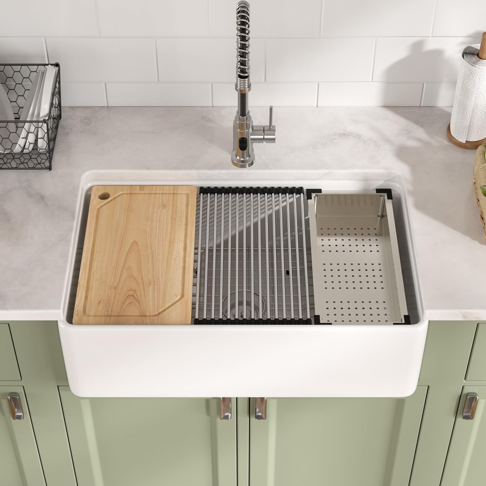 White Farmhouse Sink Farm Kitchen Sink Ledge Workstation White Ceramic Porcelain Fireclay Apron Front Farmer Sinks Single Bowl Basin, 33"x20" #TLAC-0003