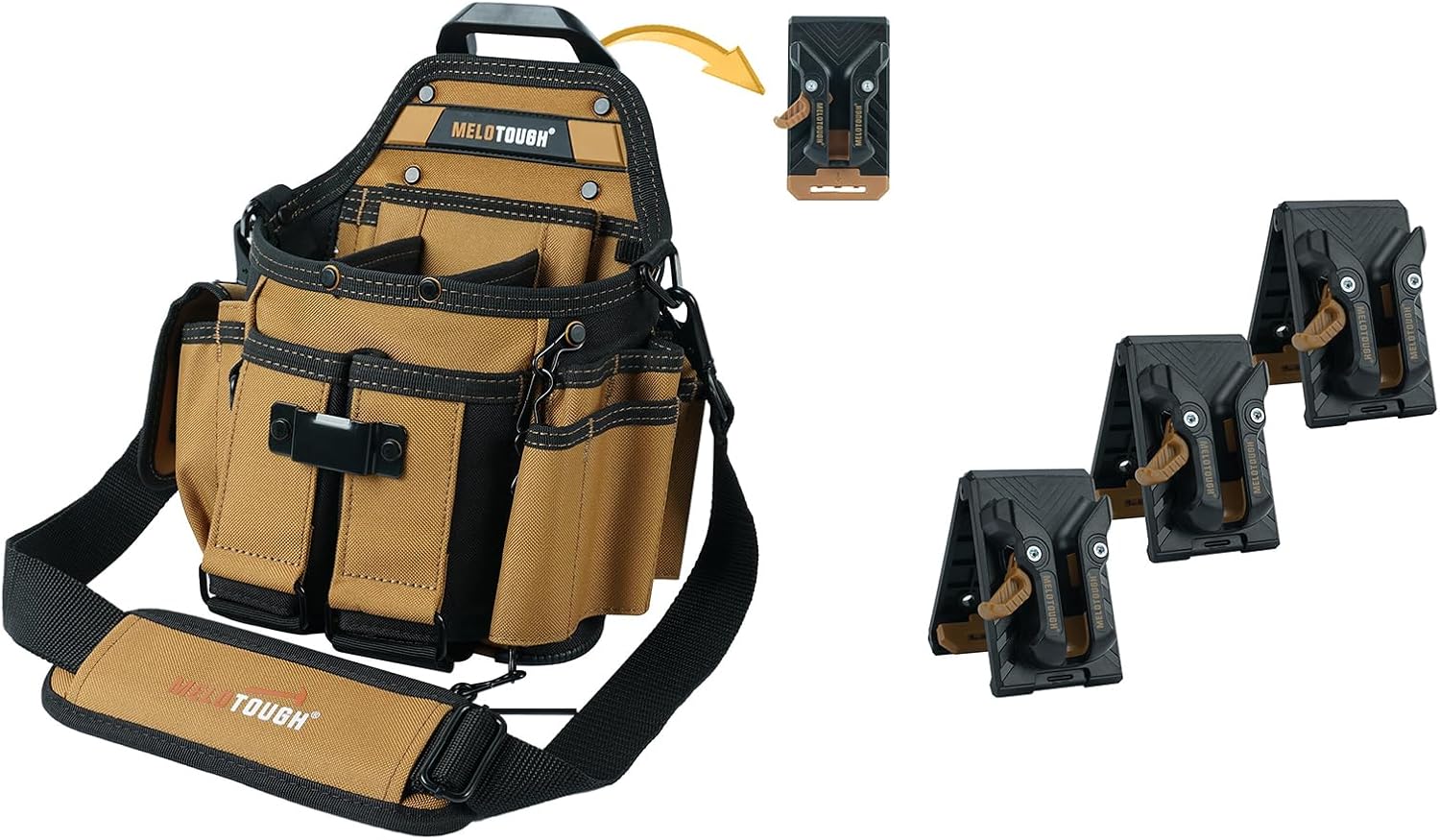 MELOTOUGH Electrician Tool Pouch Bag with Shoulder Strap Pockets Tool Pouch with Belt Clip +3 Pack Quick Release Belt Clip for Pouch,Drill Holster