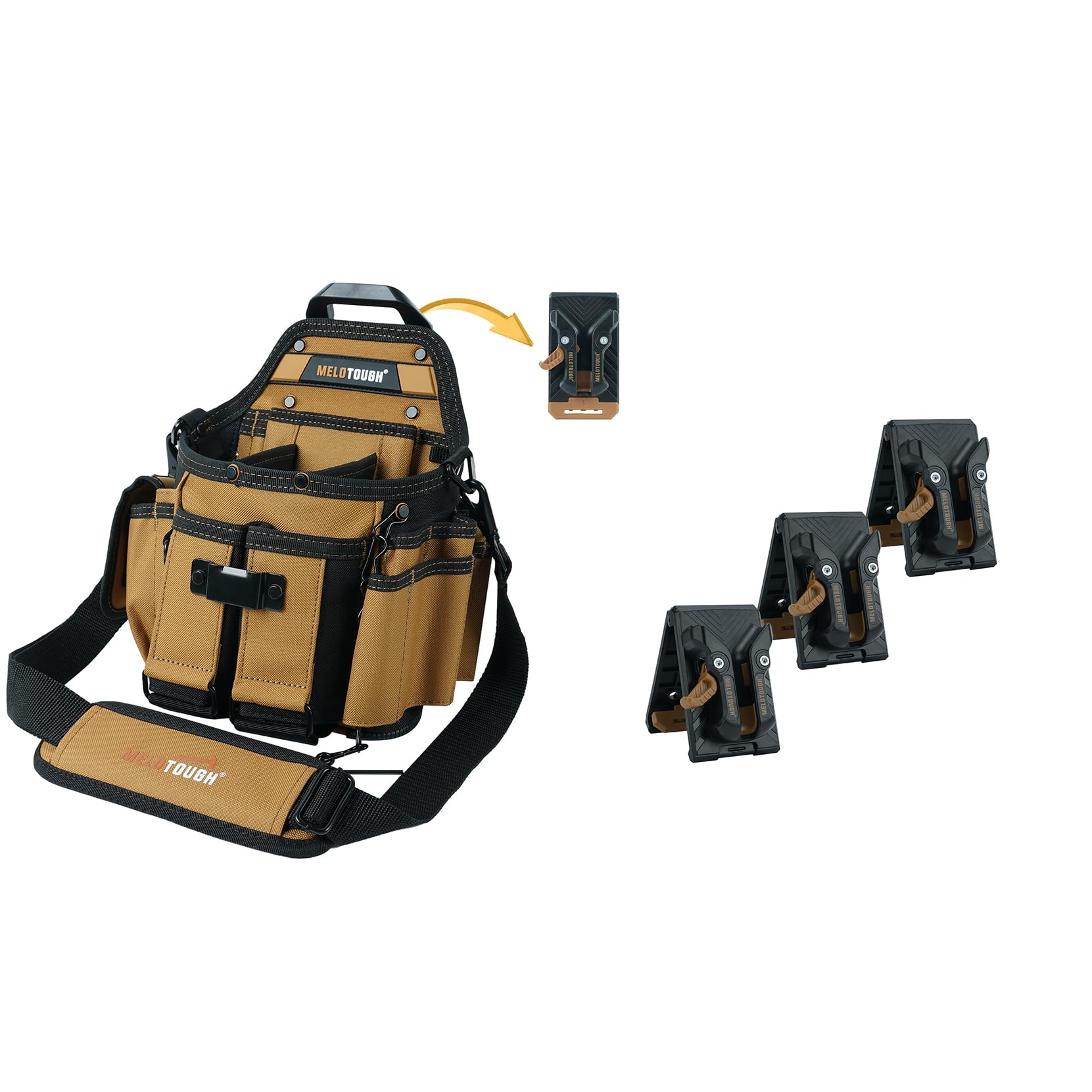 MELOTOUGH Electrician Tool Pouch Bag with Shoulder Strap Pockets Tool Pouch with Belt Clip +3 Pack Quick Release Belt Clip for Pouch,Drill Holster