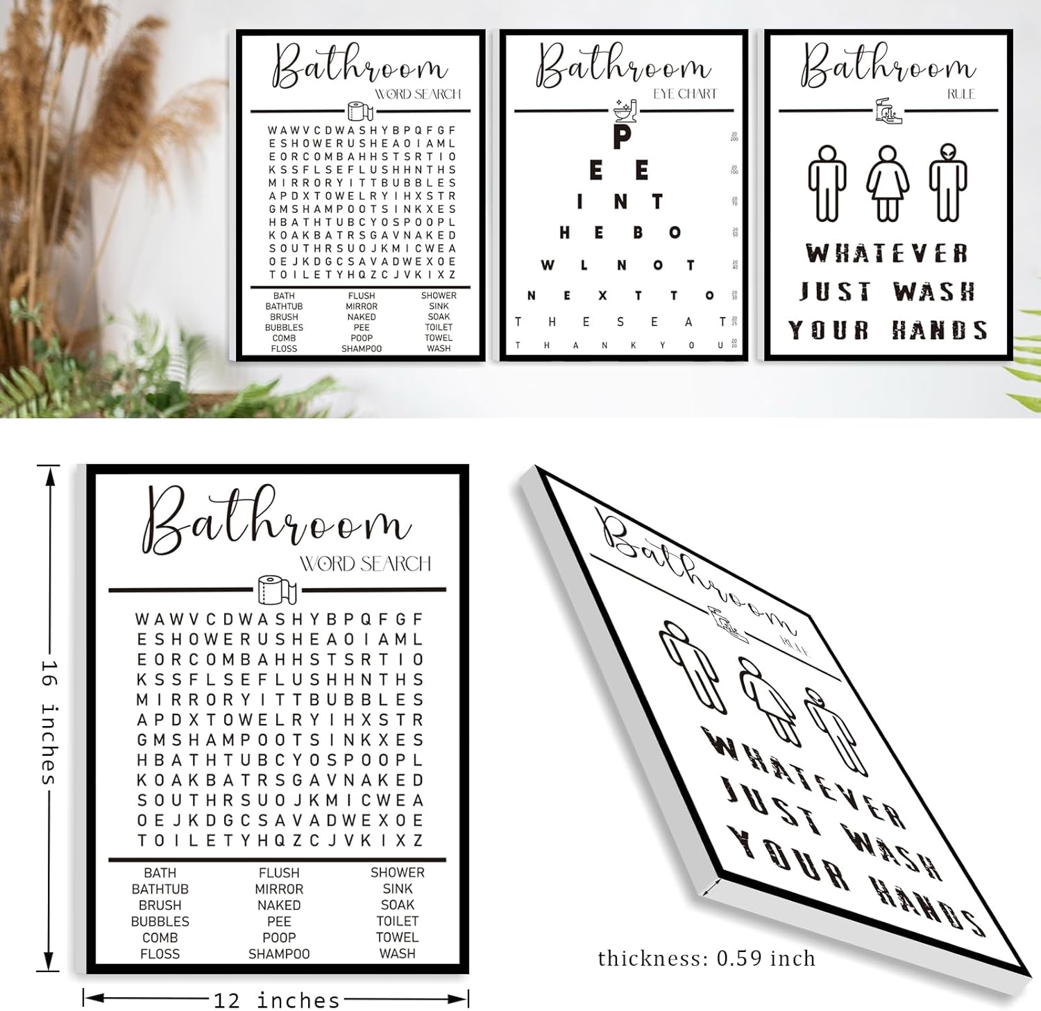Framed Funny Bathroom Wall Art, Black and White Bathroom Decor, Word Search Pee Eye Chart Wash Your Hand (12x16 inches, Set of 3, Framed) - Image 5