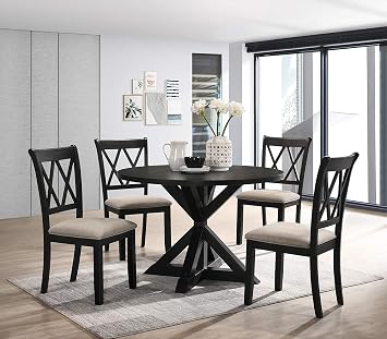 48" Round Dining Table Set for 4 6, 5-Piece Wooden Kitchen Table with Cross-Buck Base, 4 Upholstered Dining Chairs, Farmhouse Circle Table Set for 4 to 6 People Living Room Furniture Black