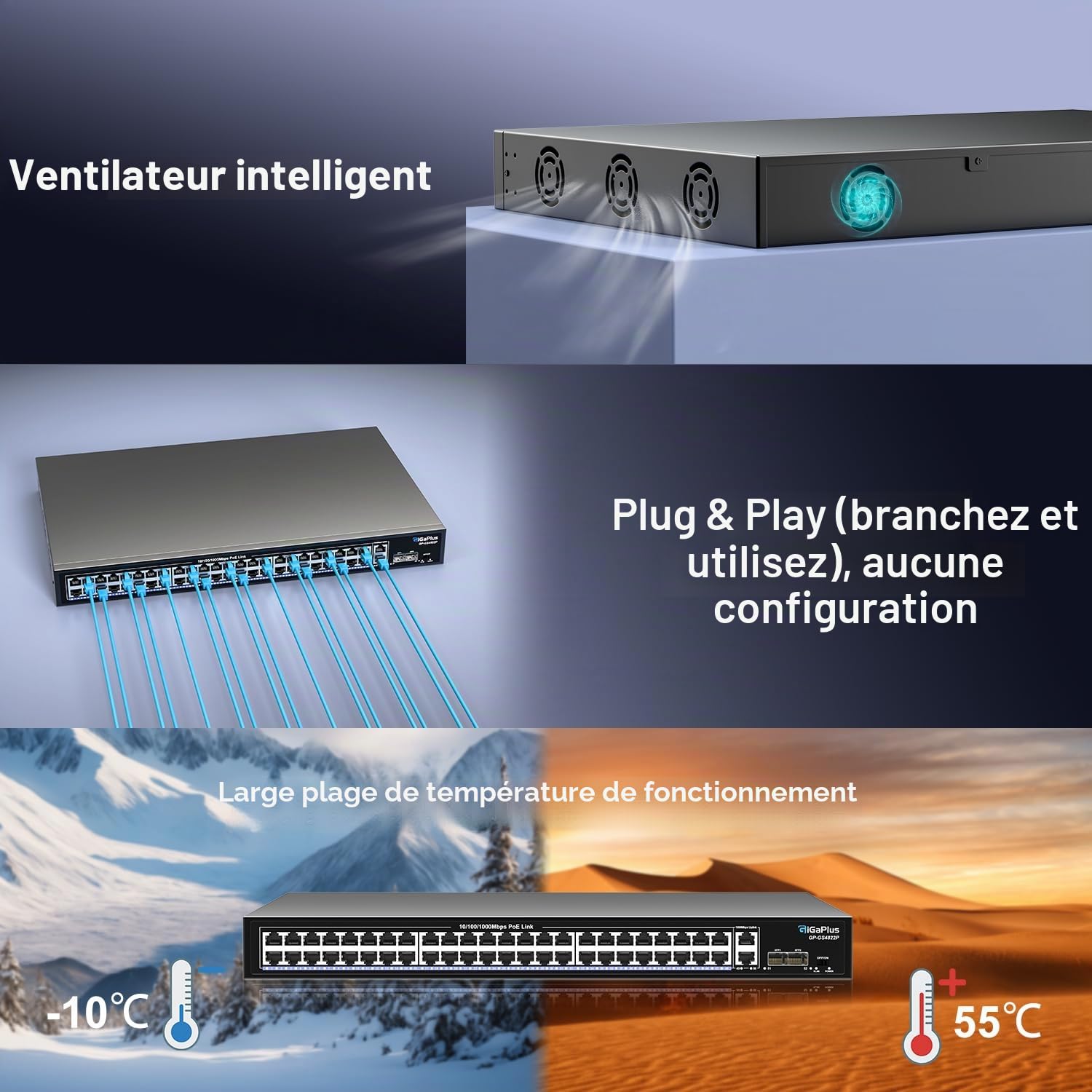 48 Port Gigabit PoE Switch with 2x1000Mbps Uplink, 2x1000Mbps SFP, GiGaPlus 48 Port IEEE802.3af/at PoE @700W, Support VLAN, Metal Housing, Desktop Or Wall-Mount, Plug & Play