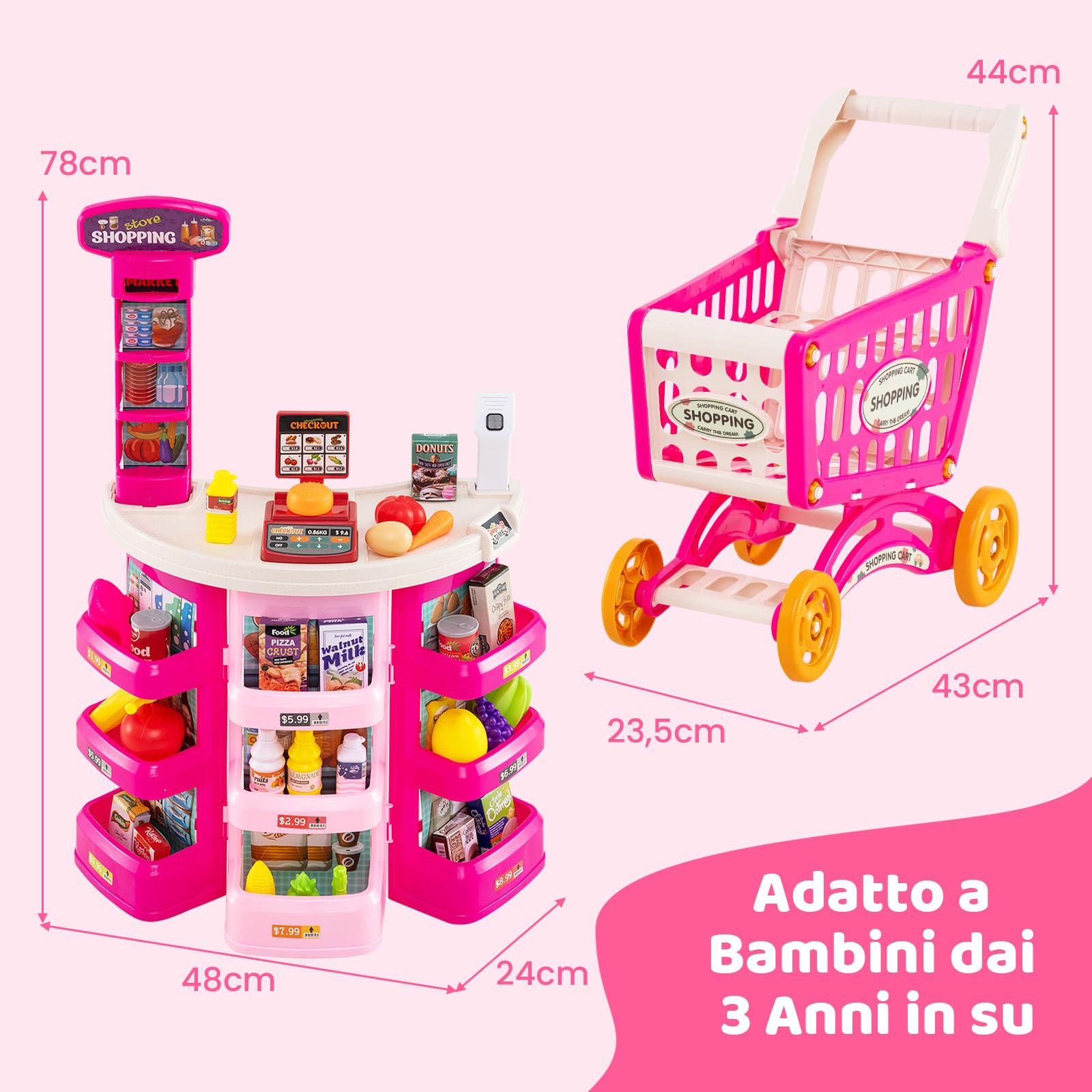 RELAX4LIFE Supermercato per Bambini con Banco, Carrello della spesa e Cestino, Bilancia Simulata, Cassa con Effetti di Luce e Suono, Supermercato Giocattolo con 29 Accessori per Bambini 3+ Anni (ROSA)