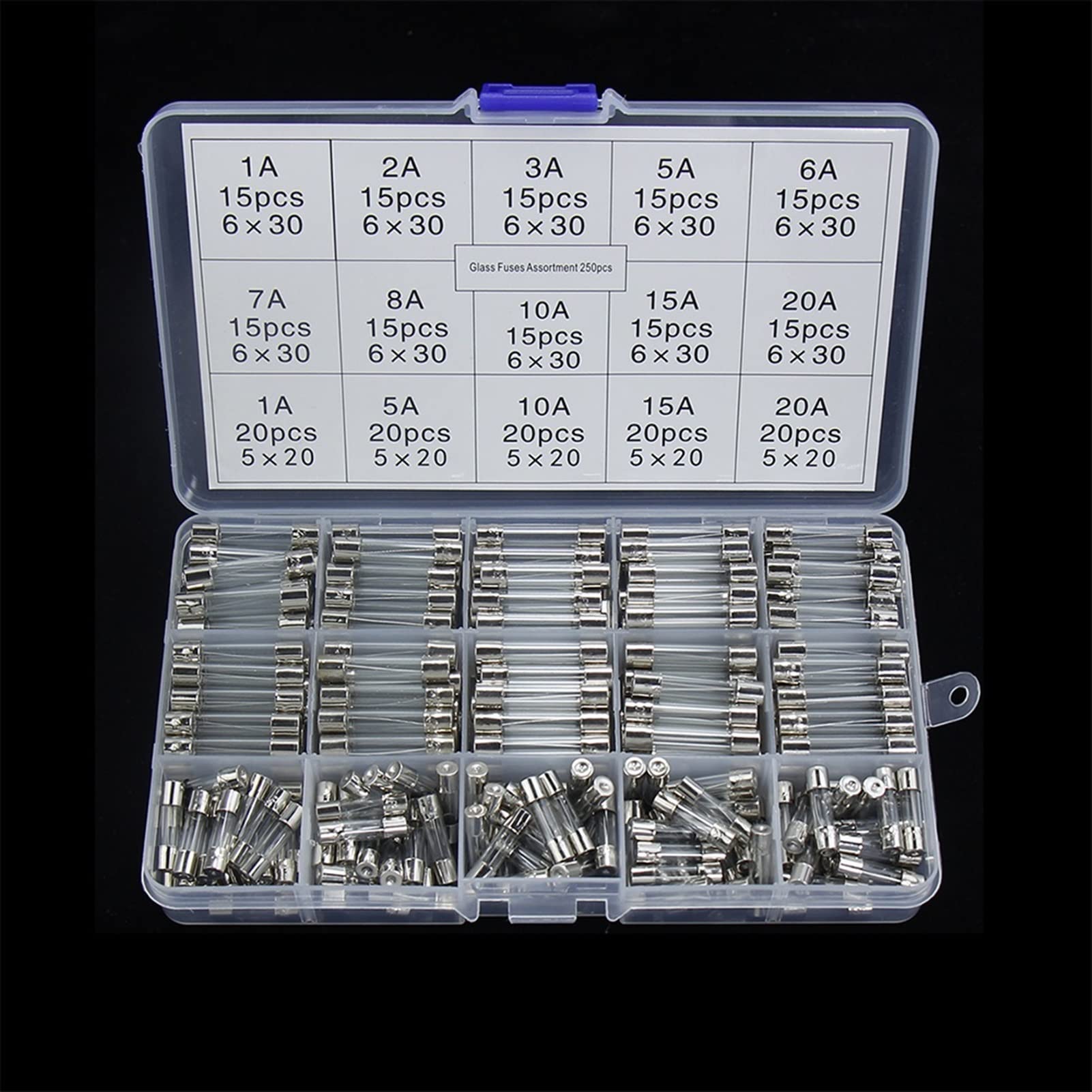 Bezpiecznik 5 x 20 mm, szybko dmuchane bezpieczniki do rur szklanych, różne zestawy, bezpieczniki szklane 82 szt./100 sztuk/250 sztuk 1A-20A (pudełko 250 szt.)