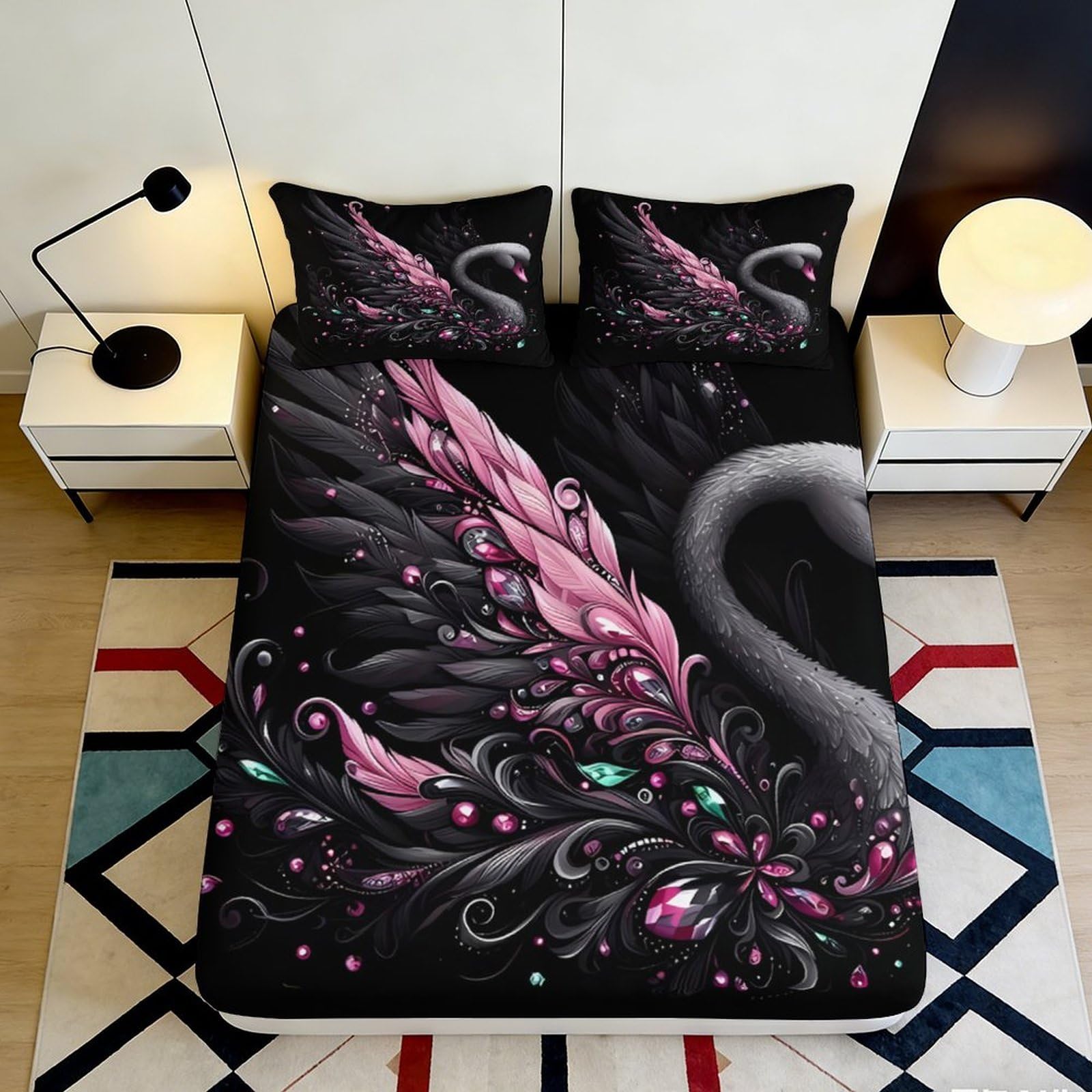 3D Printed Black Swan Feather Fitted Sheet Microfiber Soft Pink Artistic Bed Sheet for Bedroom Guest Room Decor 90x200x25cm