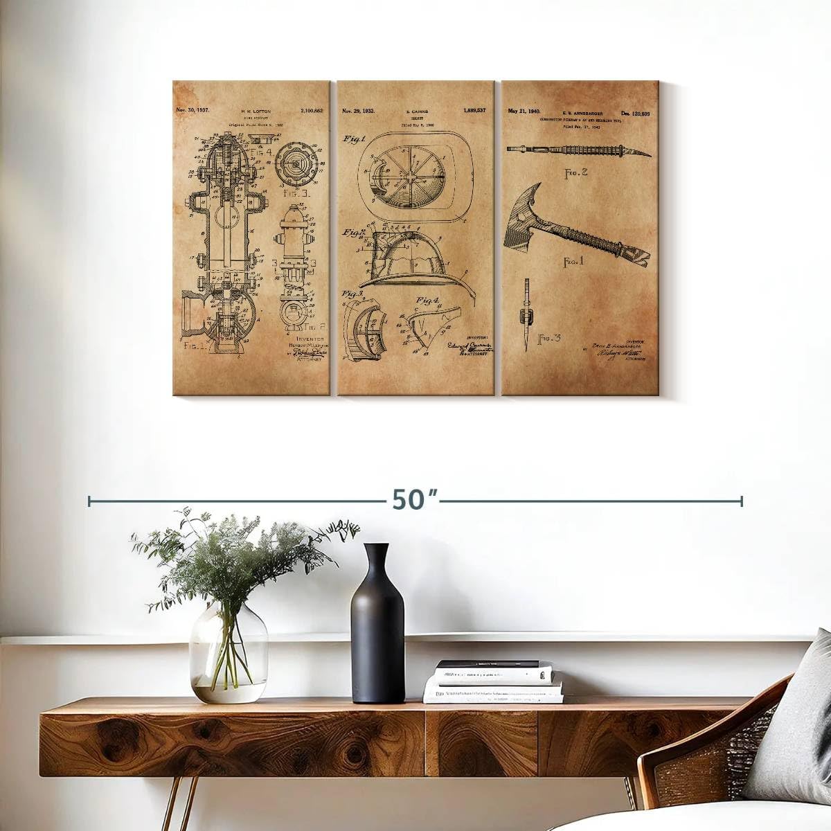 ElephantStock Firefighter Equipment Patents Wall Art, 3-Piece Industrial Decor, Ready-to-Hang Blueprint Wall Art, Industrial Wall Decor and Professions Patent Prints Wall Art for Men - 38" X 24"