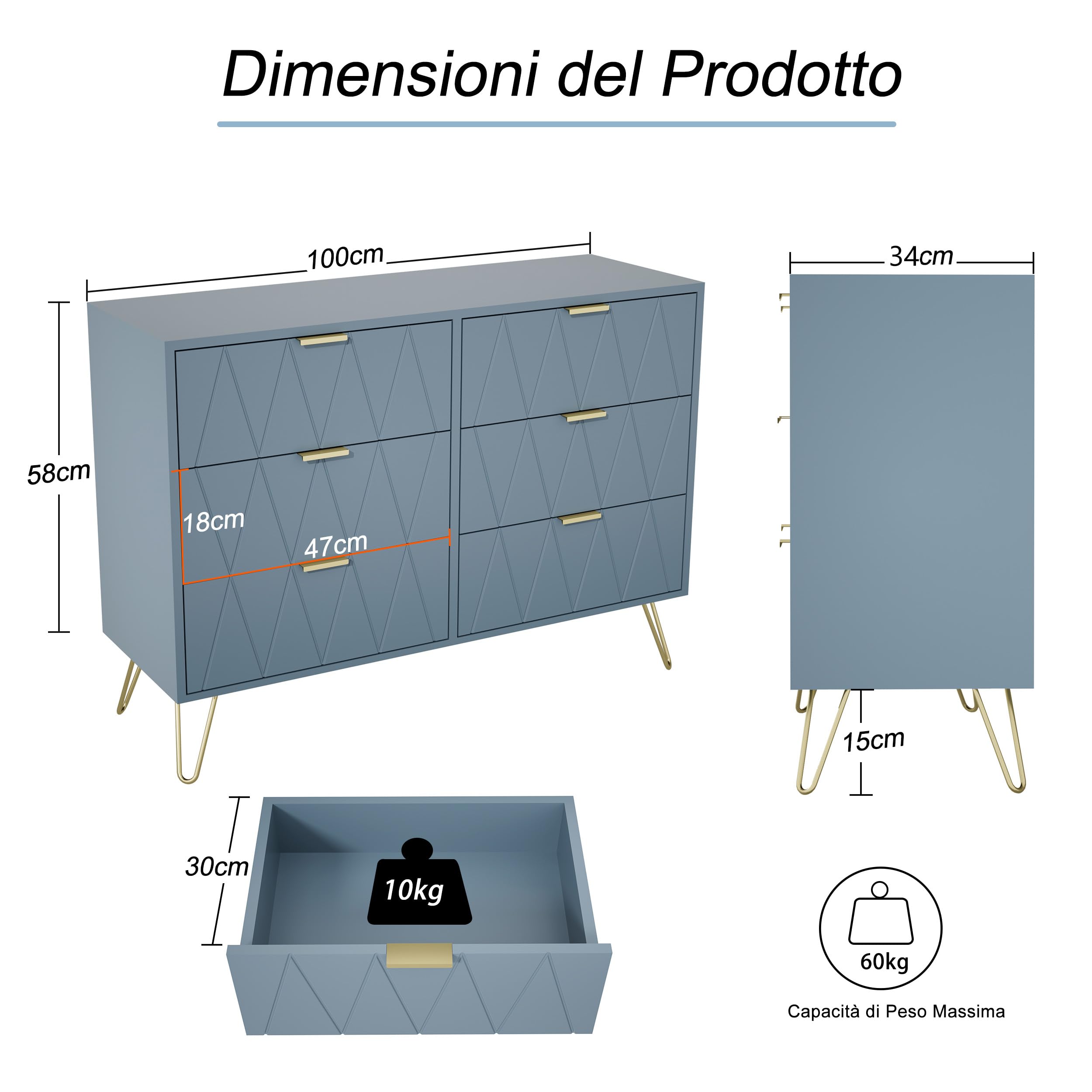UEV Cajonera 6 Cajones, Cómoda de Madera, Cajonera Ahorro de Espacio para Dormitorio, Salón, 100 x 34 x 73cm, Azul Gris | Para ropa, documentos, juguetes, aparador moderno estrecho con protección antivuelco para salón, dormitorio, fácil montaje