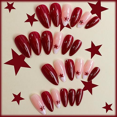 Miniatura 2 de 24 uñas blancas francesas medianas a presión con diseño de estrella roja de cinco puntas, uñas postizas brillantes de gel en las uñas, manicura de