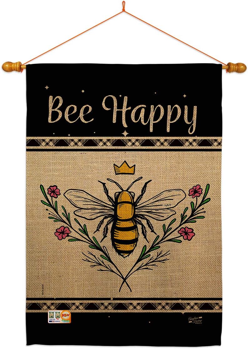 Queen Bee Happy House Flag Dowel Set Garden Friends Butterfly Ladybugs Dragonfly Springtime Insect Natural Wildlife Small Decorative Gift Yard Banner Made In USA 28 X 40