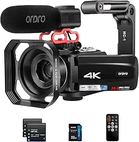 ORDRO Câmera de vídeo 4K para vlogging, zoom óptico de 10x, zoom inteligente de 100x