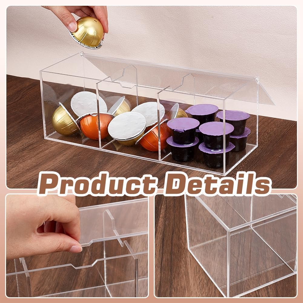 PH PandaHall Acrylic Coffee Pod Holder with Lid Clear Coffee Pod Holder Countertop Coffee Organizer 3 Compartments 3.66x4.3 Coffee Pod Drawer for Home Kitchen Office Coffee Bar Station