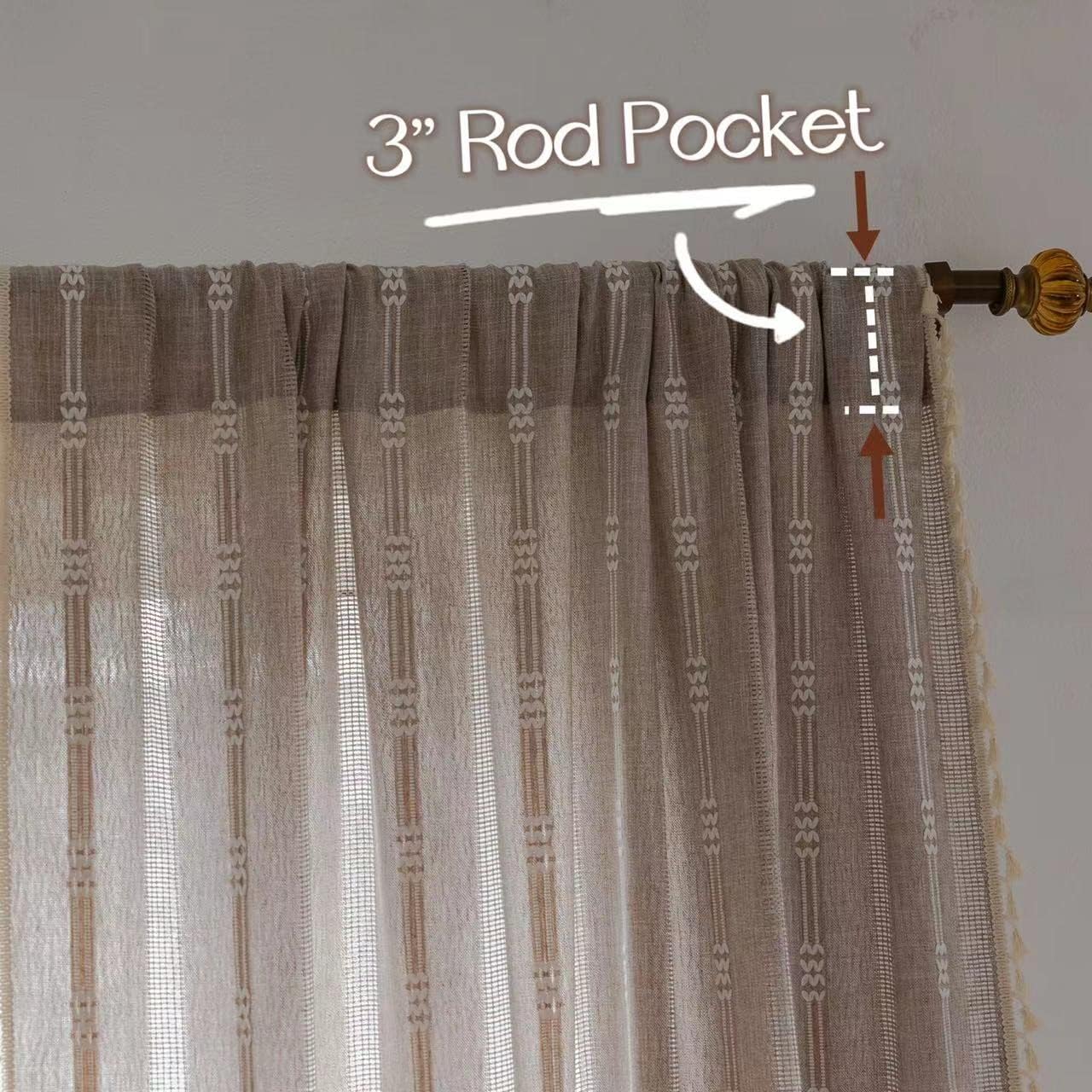 Colorigan Boho Semi Blackout 63 84 96 Inches Length 2 Panels Set Farmhouse Window Curtains with Tassels, Striped Embroidered Rustic Cotton Linen Long Bohemian Curtain Drapes for Living Room, Bedroom