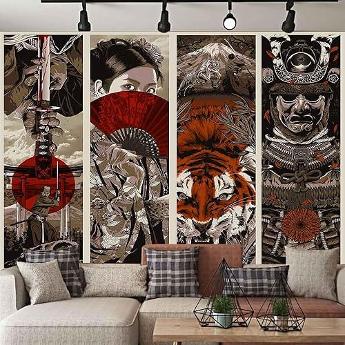 Miniatura 4 de Aidatain Tapiz de pared de estilo japonés, manta de playa estética Samurai Maiko Tiger Mount Fuji para dormitorio, sala de estar y comedor,