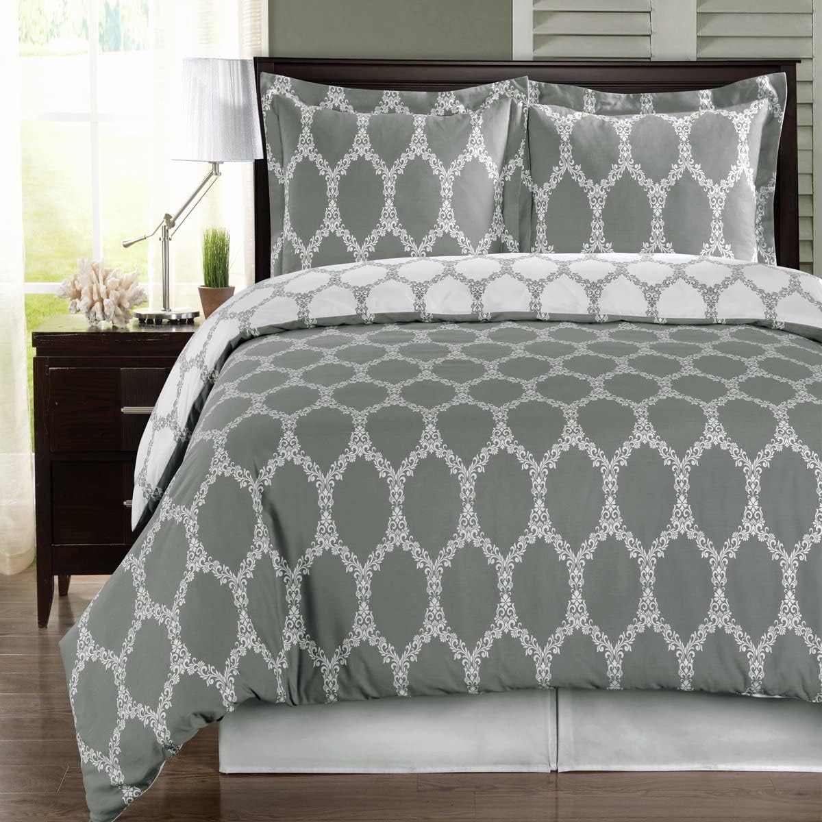 Royal Hotel Bedding Gray and White Brooksfield 4 Piece Full/Queen Comforter Set, 100% Cotton, 300 Thread Count