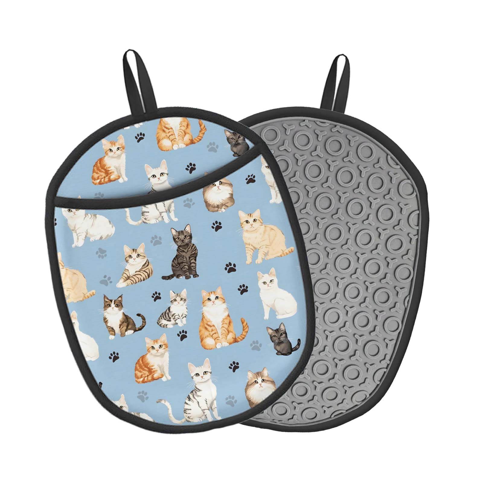 Topflappen, Silikon, Baumwollfutter, hitzebeständig bis 260 °C, rutschfester Griff, 19,1 x 23,9 cm, ovale Kochpads für Ofen, Kochen (Katze, Topflappen)
