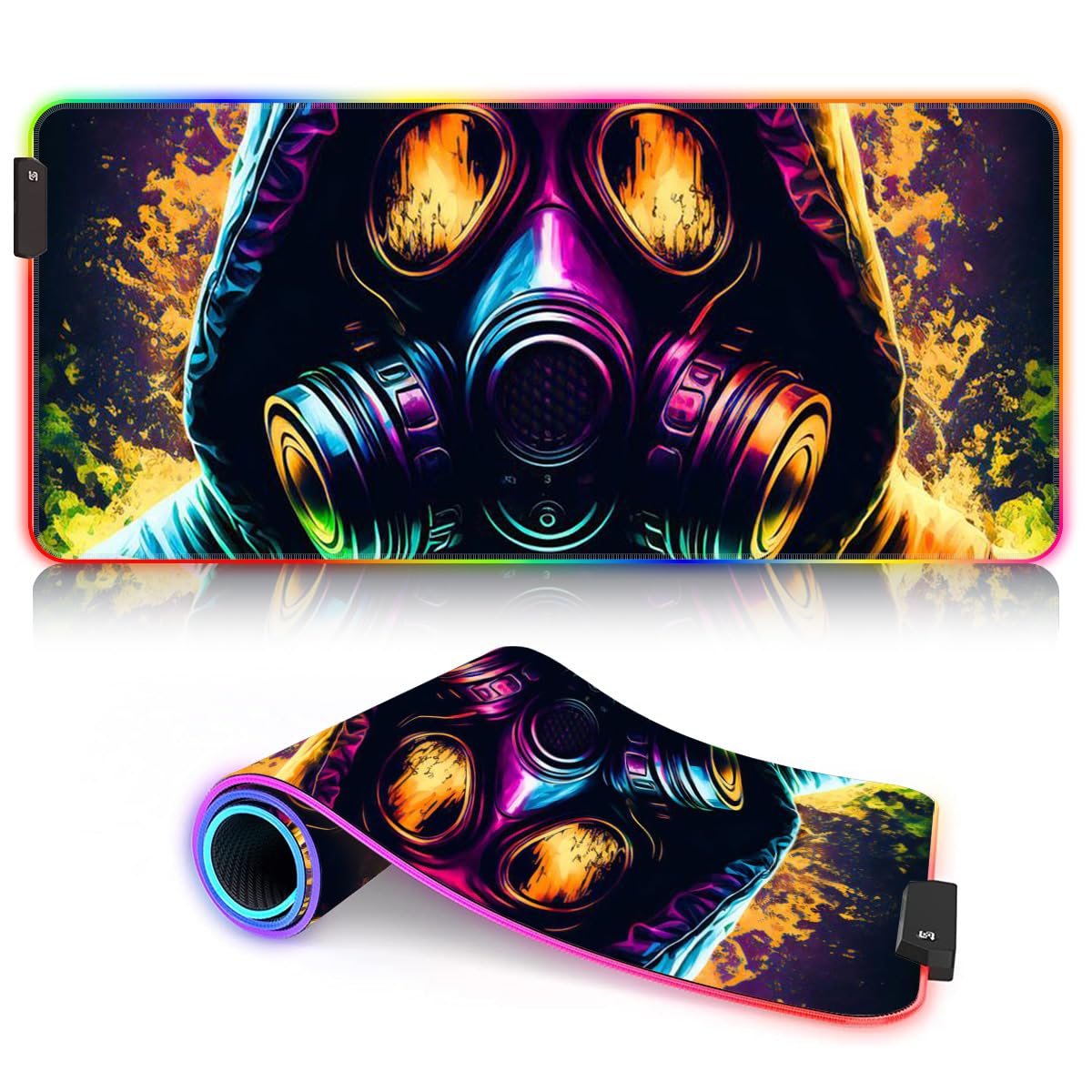 Tappetino per mouse XXL Gaming RGB, LED Anime, tappetino per mouse, 14 modalità di luce, tappetino per mouse esteso e superficie impermeabile, tappetino per il gioco, mascherato, 15,7 x 35,4