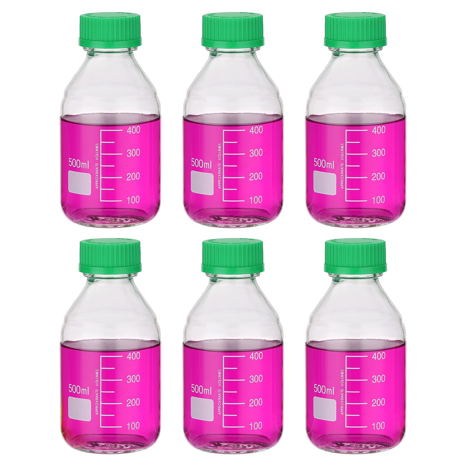 PATIKIL Lot de 6 flacons de stockage de réactifs, flacons ronds gradués en verre borosilicaté de 500 ml avec bouchon à vis vert GL32 pour liquides réactifs de laboratoire, transparents