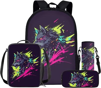 Wolf Print Backpack for Boys Graffiti Style School Bag with Lunch Bag Kids School Backpack Pencil Case Water Bottle Sleeve Elementary Preschool Primary Bookbag Schoolbag Rucksack 4 in 1