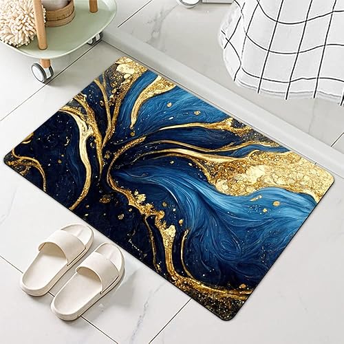 Miniatura 4 de Tapete de baño de tierra de diatomeas, textura de mármol azul y dorado, volumen antideslizante, súper absorbente, de secado rápido, para baño,