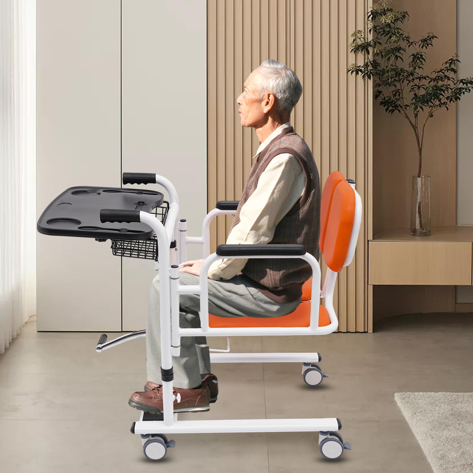 Elevador hidráulico para pacientes, versátil, para el hogar, portátil, altura ajustable, para personas mayores con frenos, carga 150 kg, naranja