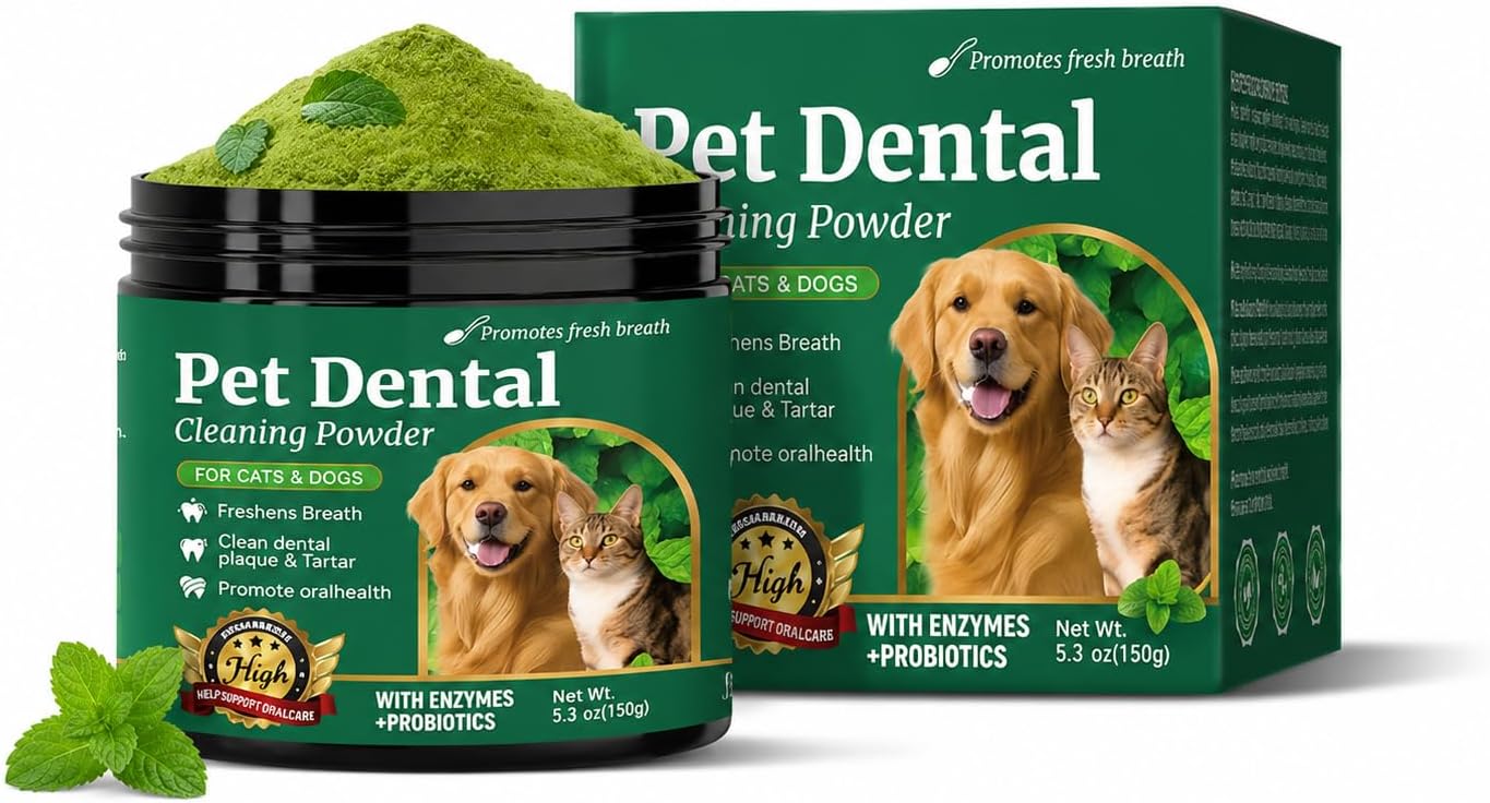 Dog Teeth Cleaning Powder – Dog Breath Freshener & Dental Care Powder – Helps Support Clean Teeth, Fresh Breath & Healthy Gums – No Brush Plaque & Tartar Support for Dogs & Cats, 150g