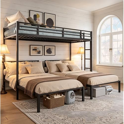 Bellemave Twin Triple Bunk Bed for Kids, Teens,Adults, Metal Twin XL Bunk Beds for 3, 3 bunk Bed for 3 Kids, Adults（Heavy Metal, Black）