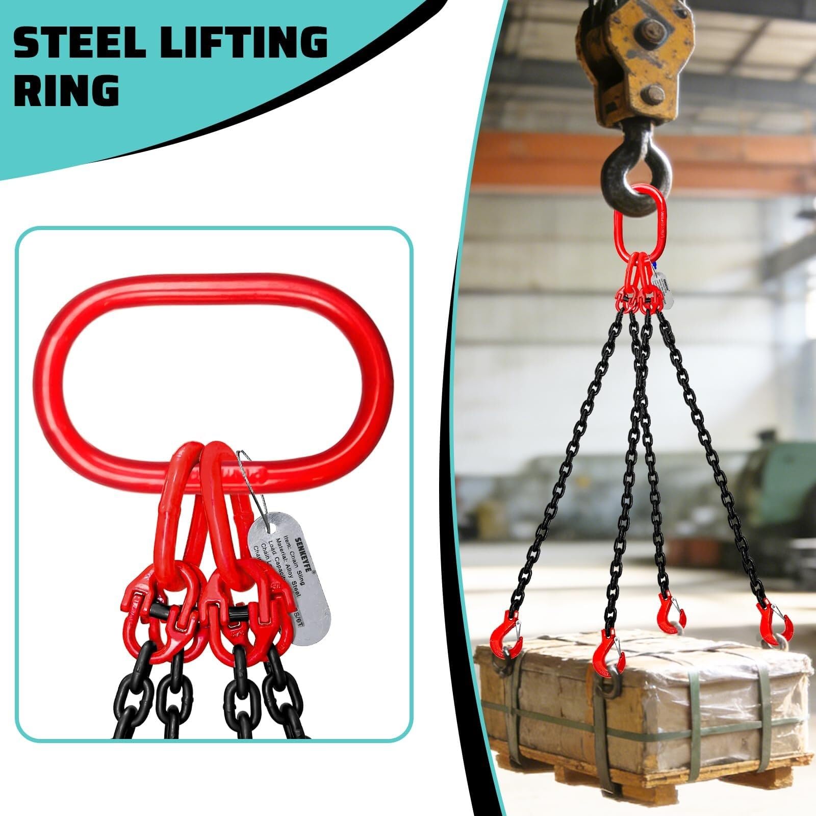 gancho de elevación Eslinga de cadena Cadenas de elevación 4 patas Ganchos de agarre industriales Eslingas de elevación Elevadores de cadena de motor de acero de aleación G80 poleas(1T)