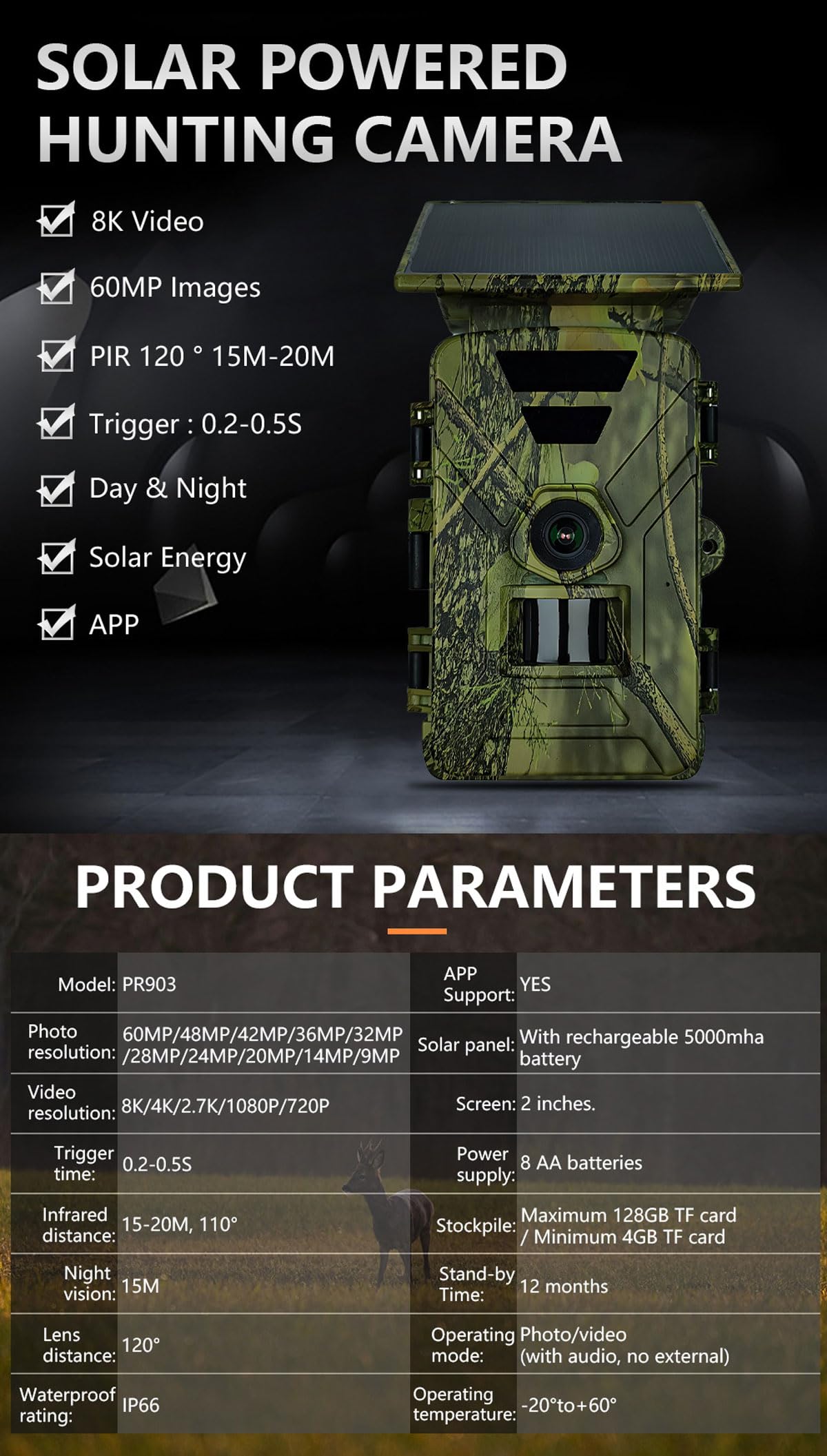 Beyerswerk's NatureEye Pro Wildkamera Solar 8K 60MP IP66 Wasserdicht Bewegungsmelder Nachtsicht Wiederaufladbar Outdoor Überwachungskamera