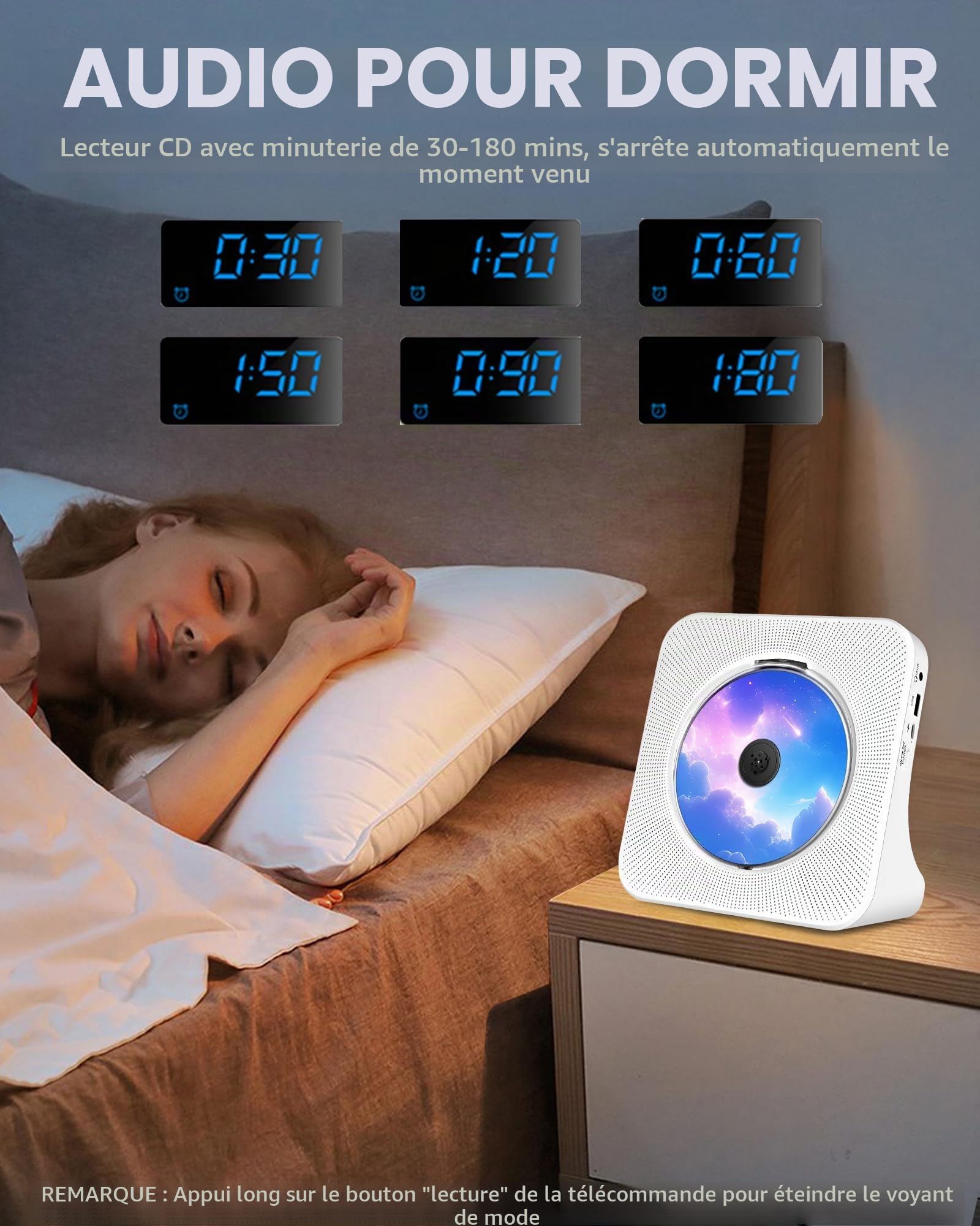 Lecteur CD Portable Rechargeable, HiFi Lecteur CD Bluetooth avec USB, AUX, FM Radio Lecteurs CDs avec Un Bon Son, Lecteurs CDs sans Fil Blanc avec Télécommande