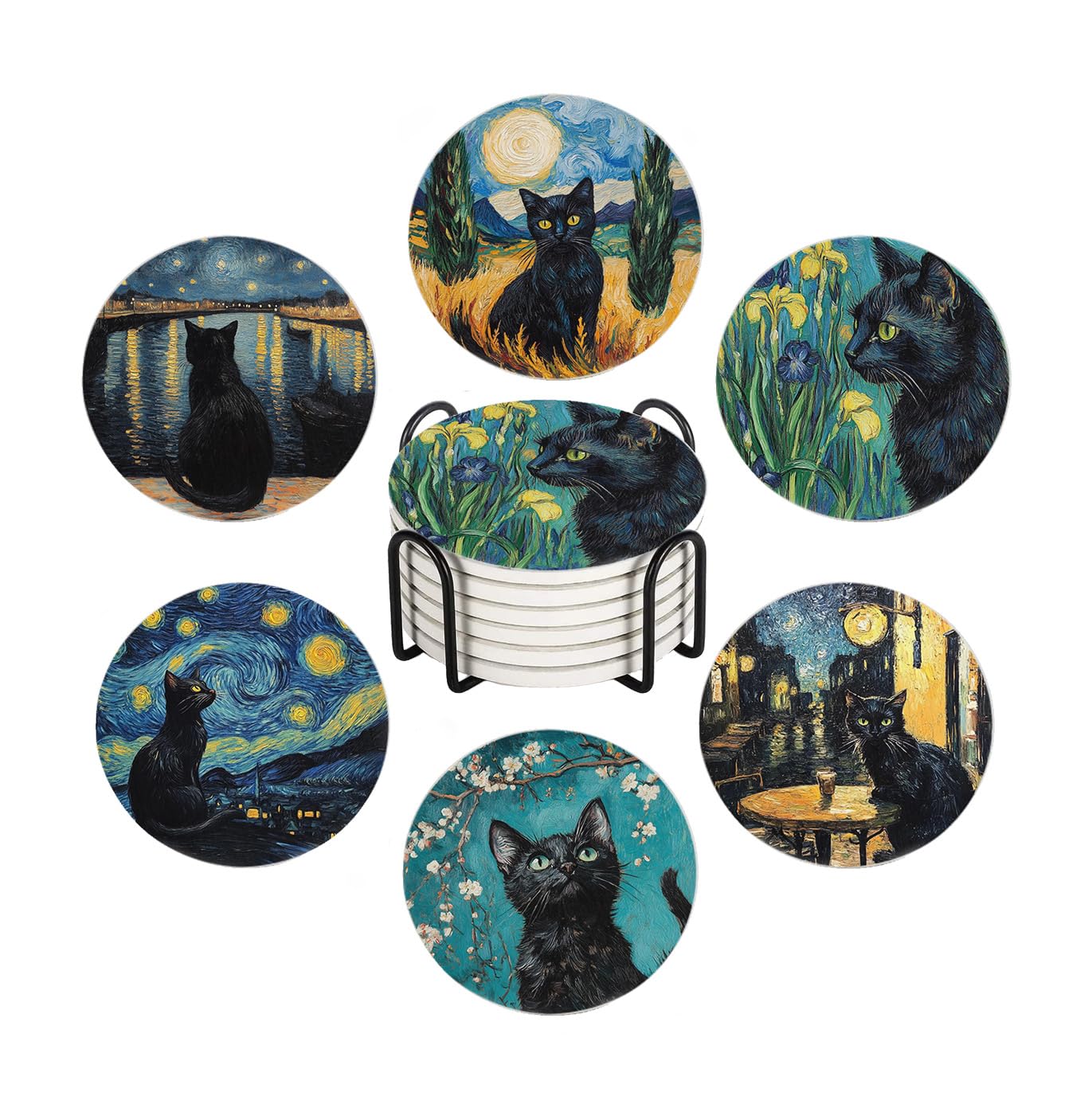 WWOOPLL Drink Coasters Set of 6, Van Gogh Art and Black Cat Absorbent Round Ceramic Stone Mat Coaster, with Cork Base and Metal Holder, Anti-Slip Cork Bottom for Mugs and Glasses