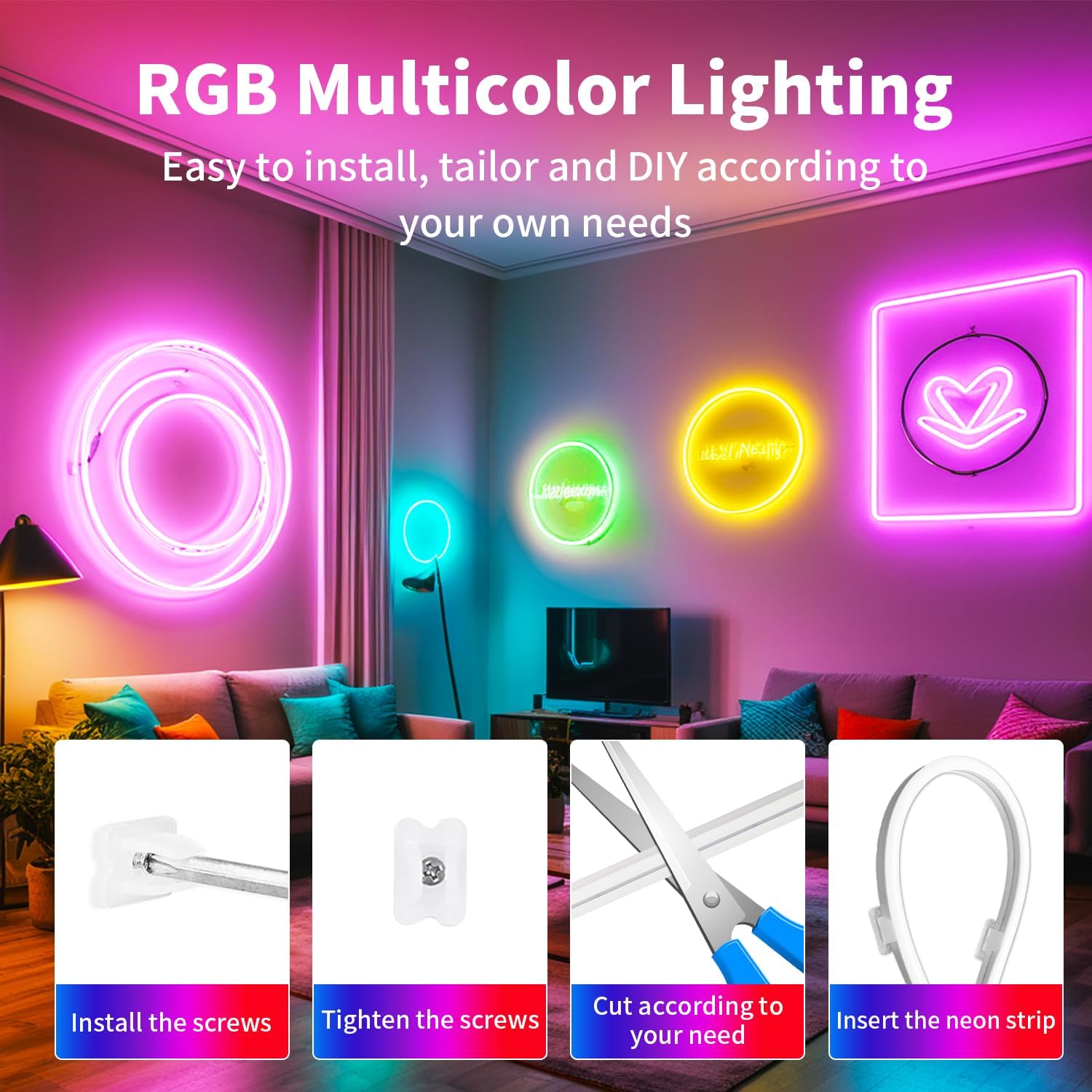 RGB Neon Cinta Led 15m Tira Led RGB, Cinta Led Exterior Impermeable con APP Bluetooth y Control Remoto IR, Neon Led Flexible, para Salón Dormitorio