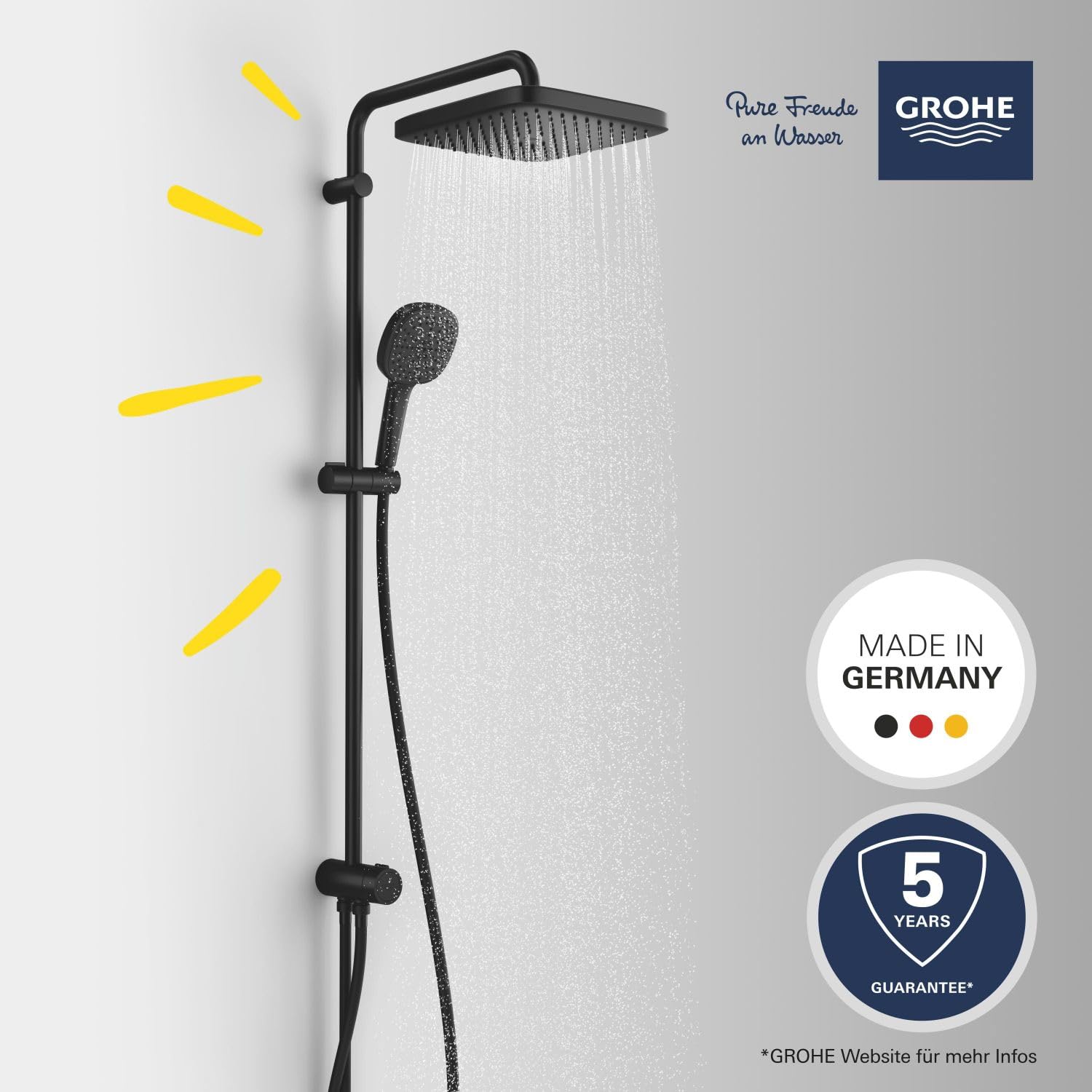 GROHE Vitalio 250, Duschset ohne Armatur, wassersparend, 8l pro Min (Regendusche für vorhandene Duscharmaturen, Duschkopf 2 Strahlarten, Duschstange 74cm, Duschsystem), eckig, schwarz, 266982431