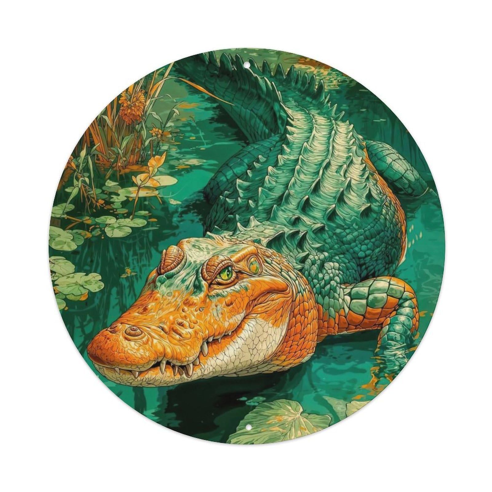 Vintage Animal Retro Alligator in Tropical Wetland with Water Lilies Vintage Metal Tin Sign Plaque Wall Decor for Cafe, Club Bar, Office, Garden Metal Poster 8x8Inch