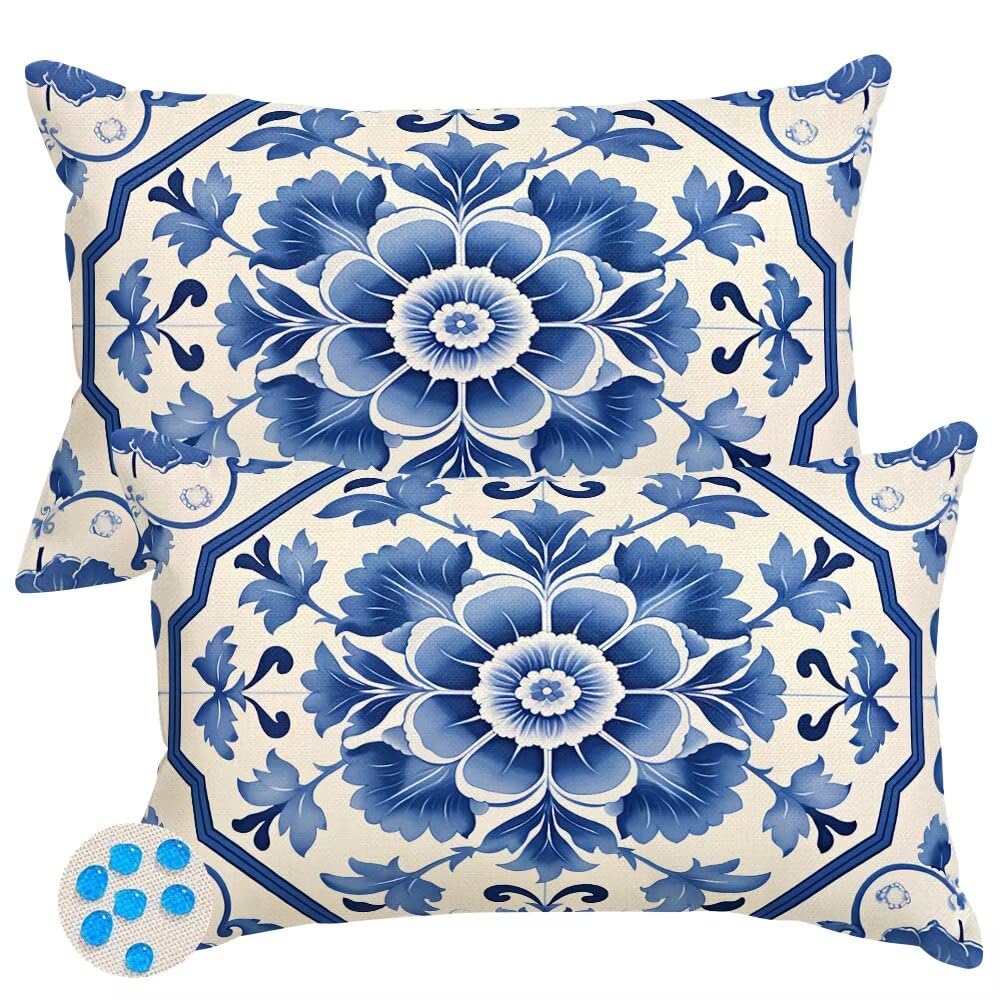Outdoor Cushions Waterproof Cushion Covers 35cm x 55cm Pack of 2 Blue Garden Cushion Cover Abstract Flowers Throw Pillow Covers 14 x 22 Inch Outdoor Pillowcase for Garden Furniture Living Room -SC518