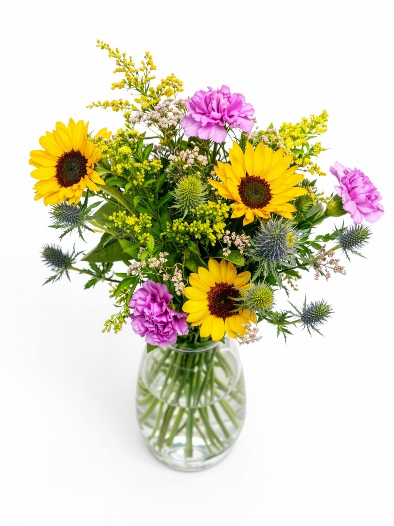 BLOOMY DAYS Blumenstrauß "Sonnengruß" in GelbViolett, mit Disteln, Limonium und Nelken, 7-Tage-Frischegarantie, Floristen-Qualität, das perfekte Geschenk bestellen