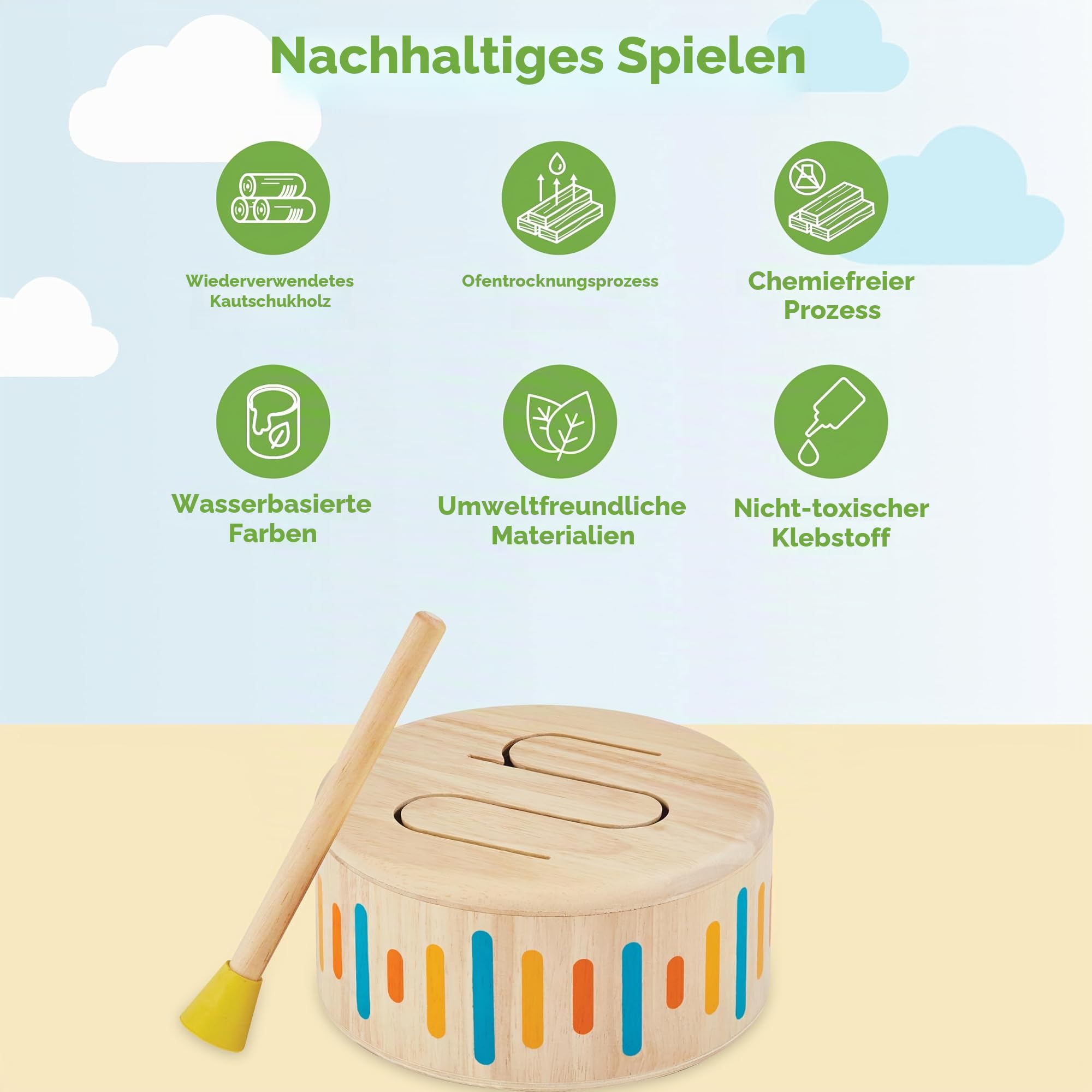 PlanToys Schlagzeug Kinder - Trommel Kinder - Musik Spielzeug ab 1 Jahr - Kindertrommel aus Holz - Kinderschlagzeug inkl. Trommelstock mit Gummikopf -Beige (Beige)
