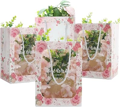 PRATYUS Best Wishes Gift Bags with Window, 10" Paper Bags, 4Pcs | Rose White Flower Bags with Handle Tissue Paper for Birthday, Wedding, Bridal Shower, Baby Shower, Mothers Day Party Gifts
