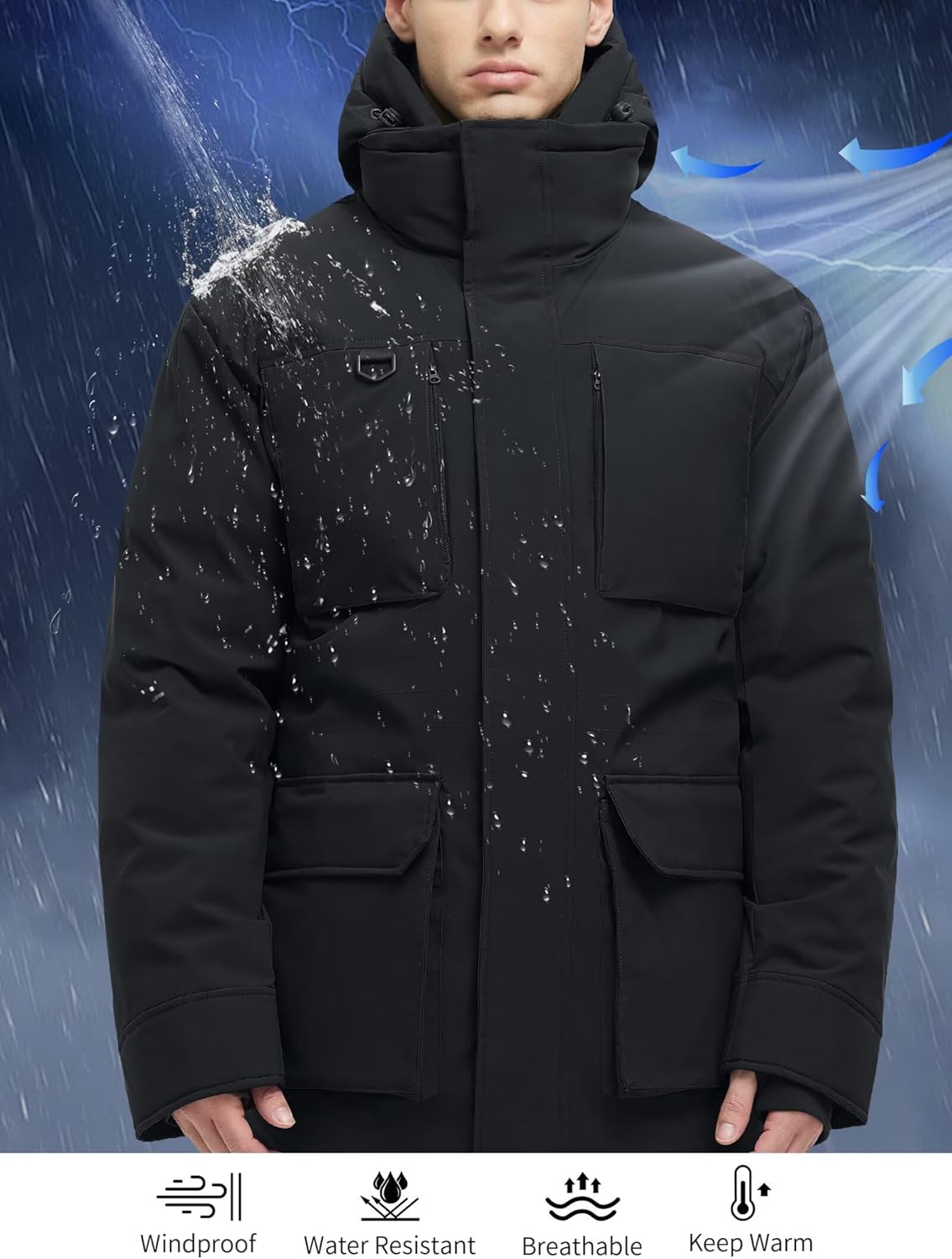 Long Winter Jackets for Men Faux Two-Piece Waterproof Parka Snow Warm Coats with Hood - Image 5