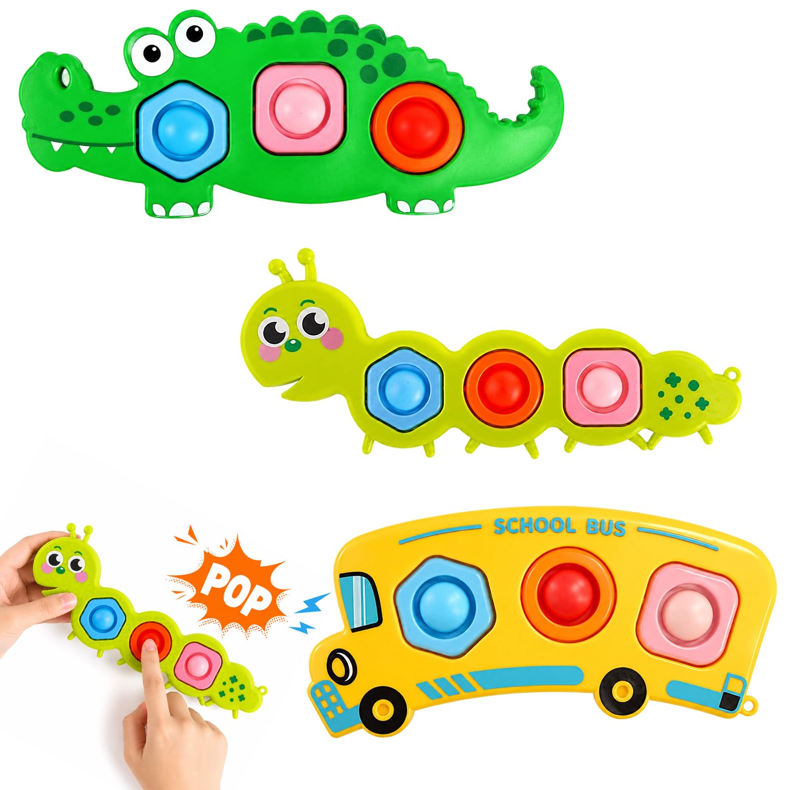 Pop It Fidget Toys, Sensory Play Toys for Toddlers 2+ Years, Travel Entertainment for Car and Airplane, Fine Motor Skills Development, Set of 3 Colourful Sensory Toys for Young Children