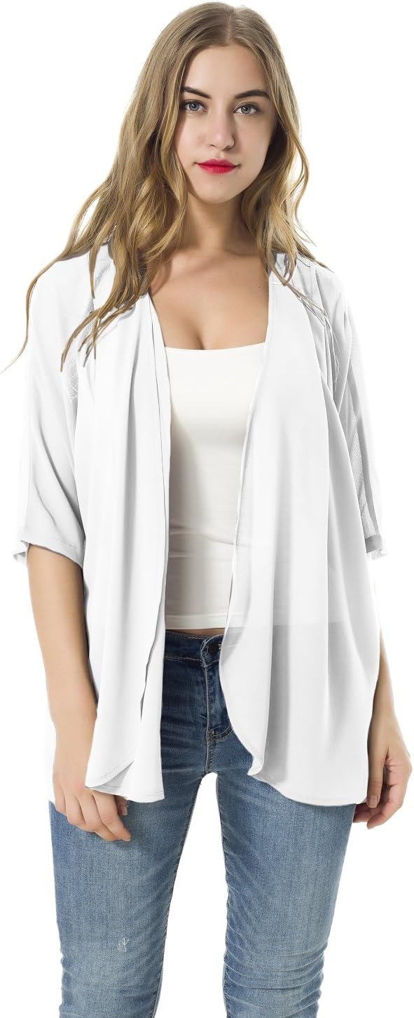 NB Women Loose Blouses Shawl Kimono Chiffon Cardigan Tops Shirts (White, Small)