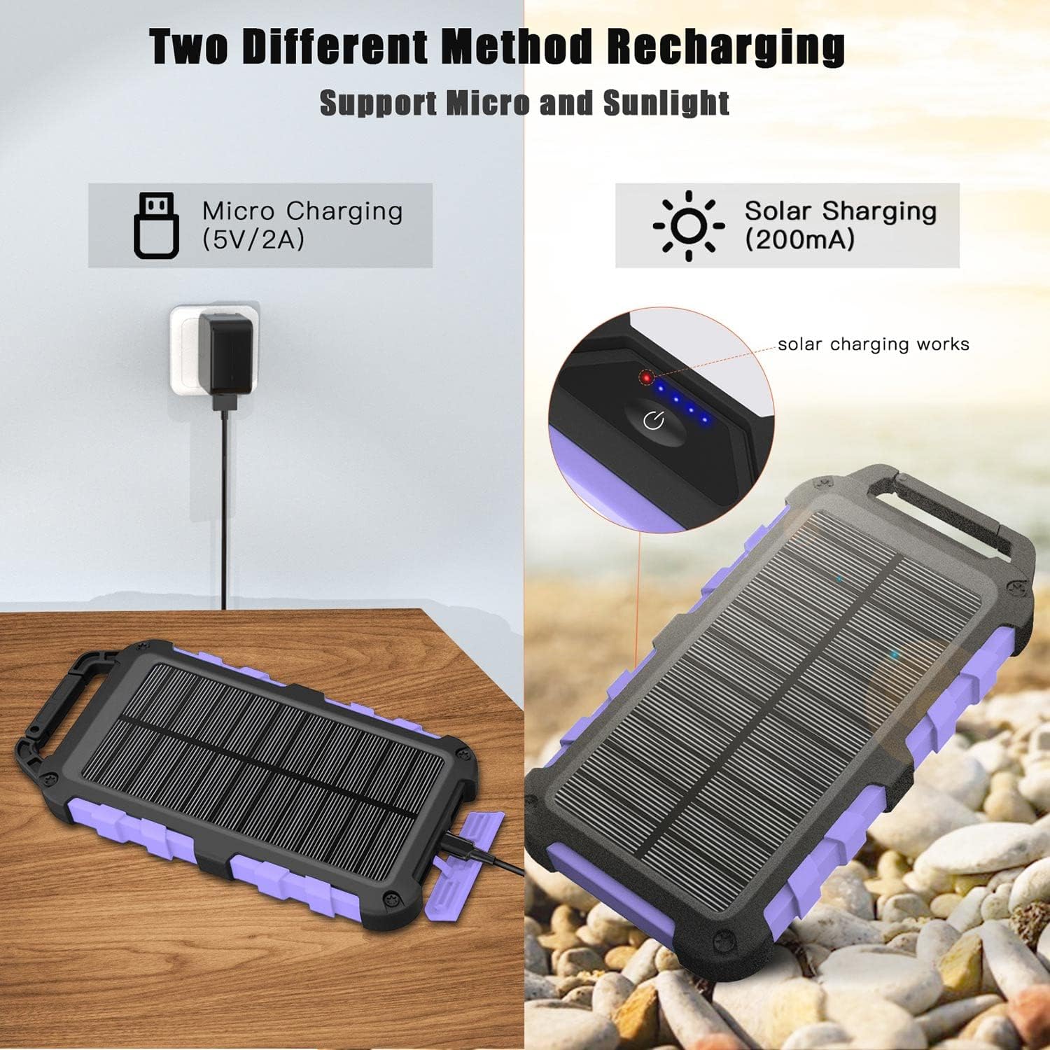 Batterie étanche Camping Batterie Solaire 20000mAh - Chargeur Portable étanche - 4 Ports USB - Lampe LED - Camping Powerbank étanche 20000mAh