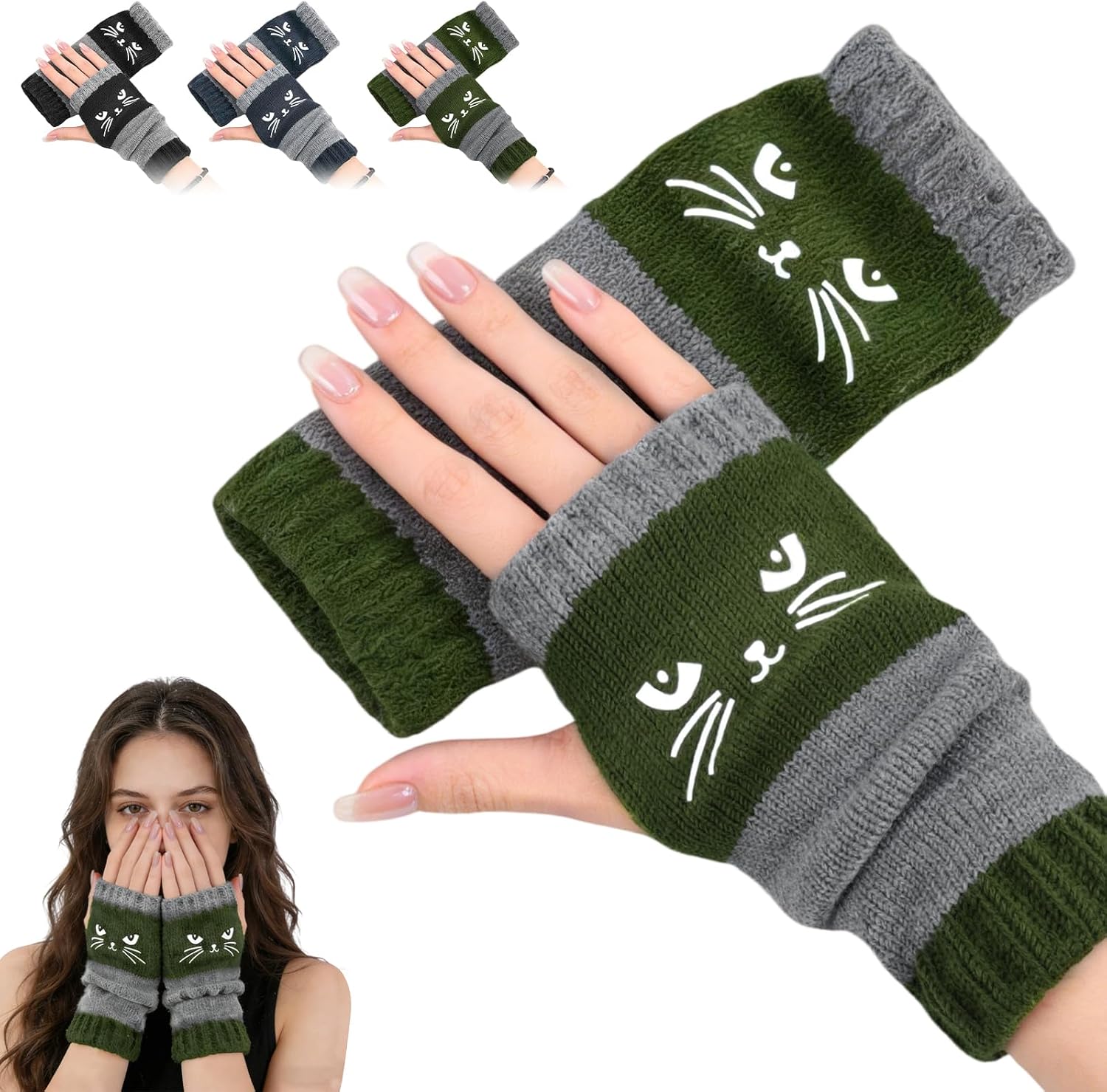 Cozy Cat Fingerless Gloves,Cat Embroidery Splicing Knitted Gloves,Knit Fingerless for Women,Vintage Knitted Design