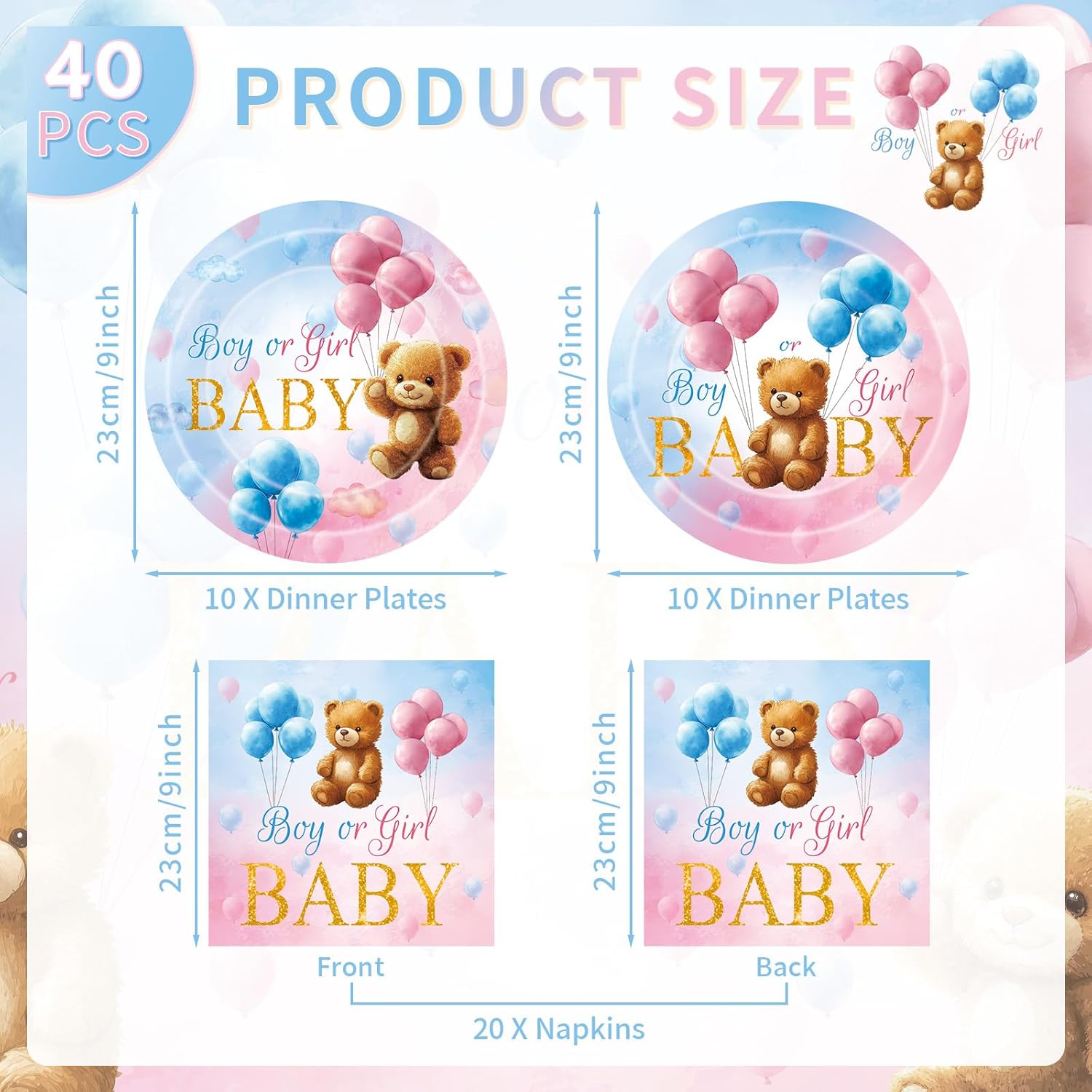 40 Pcs Gender Reveal Decorations - Boy or Girl Plates and Napkins Set, Pink and Blue Baby Bear Paper Plates Napkins Disposable Tableware for Gender Reveal Party Supplies Table Decor Favors, Serve 20 - Image 3