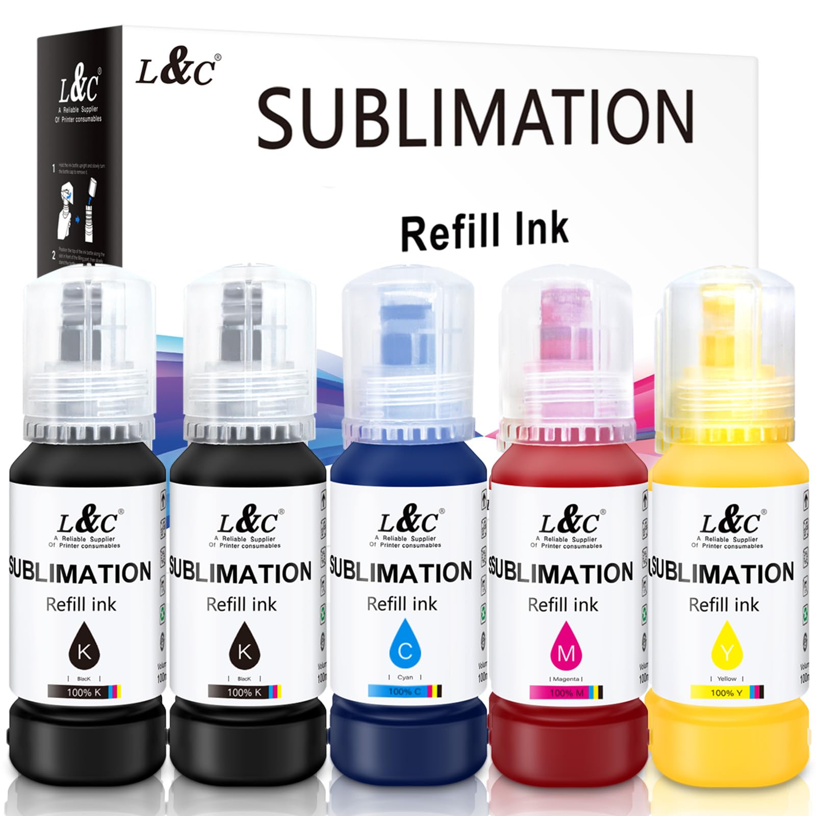 Sublimation Ink 5X100ML for EcoTank Supertank Inkjet Printer ET-2400 ET-2800 ET-2803 ET-2720 ET-2760 ET-2850 ET-4800 ET-3760 ET-15000 Heat Press Transfer for Mugs T-Shirts (Autofill/ICC-Free/Anti-UV)