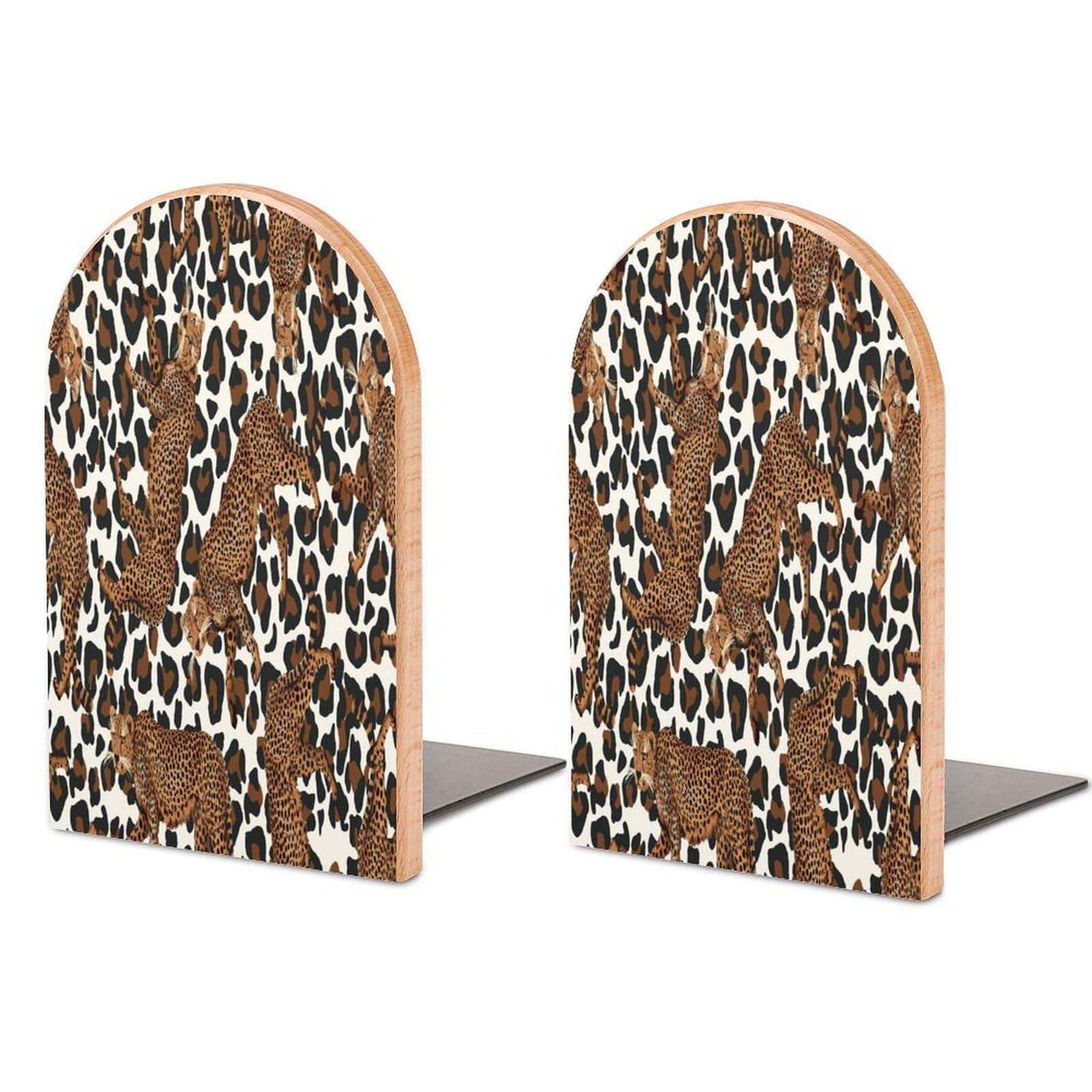 Pattern Seamless Wallpaper with Leopard Beech Wood Bookends Heavy Duty Book Organizers Desktop File Holder for Office Home Bookshelf