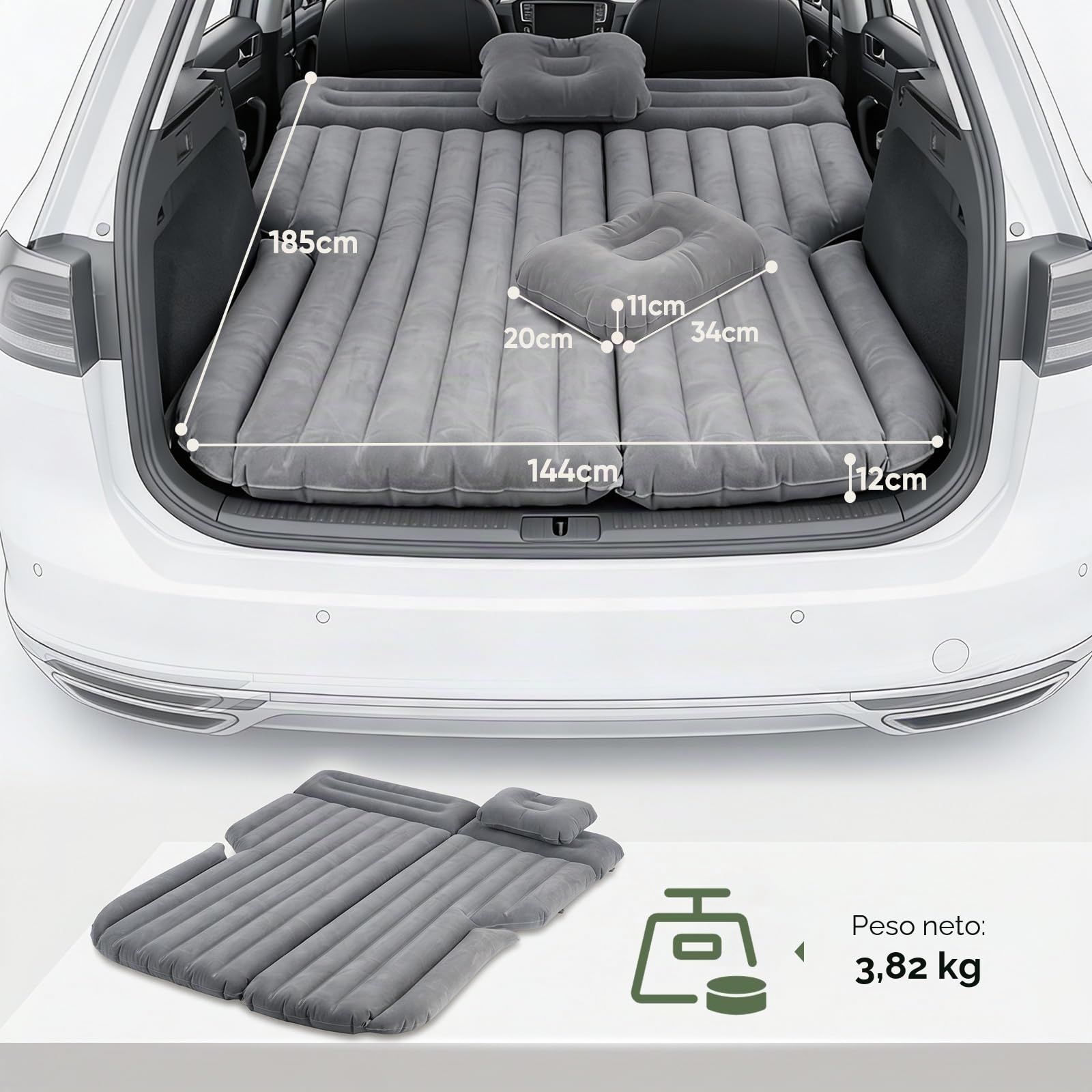 Sekey Colchón de aire para coche con bomba de aire de 12 V para viajes por carretera, SUV, colchón hinchable para 2-3 personas, infla en cualquier momento y relajarse inmediatamente, colchón hinchable